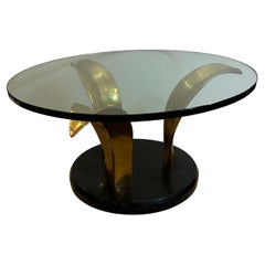 Stylish Art Deco Round Glass Brass and Stone Palm MotifCoffee Table