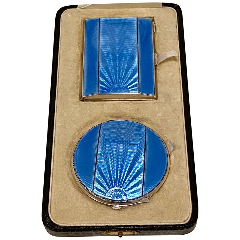 Stylish Art Deco Silver and Guilloche Sun Burst Enamel Cigarette Case and  Matching at 1stDibs