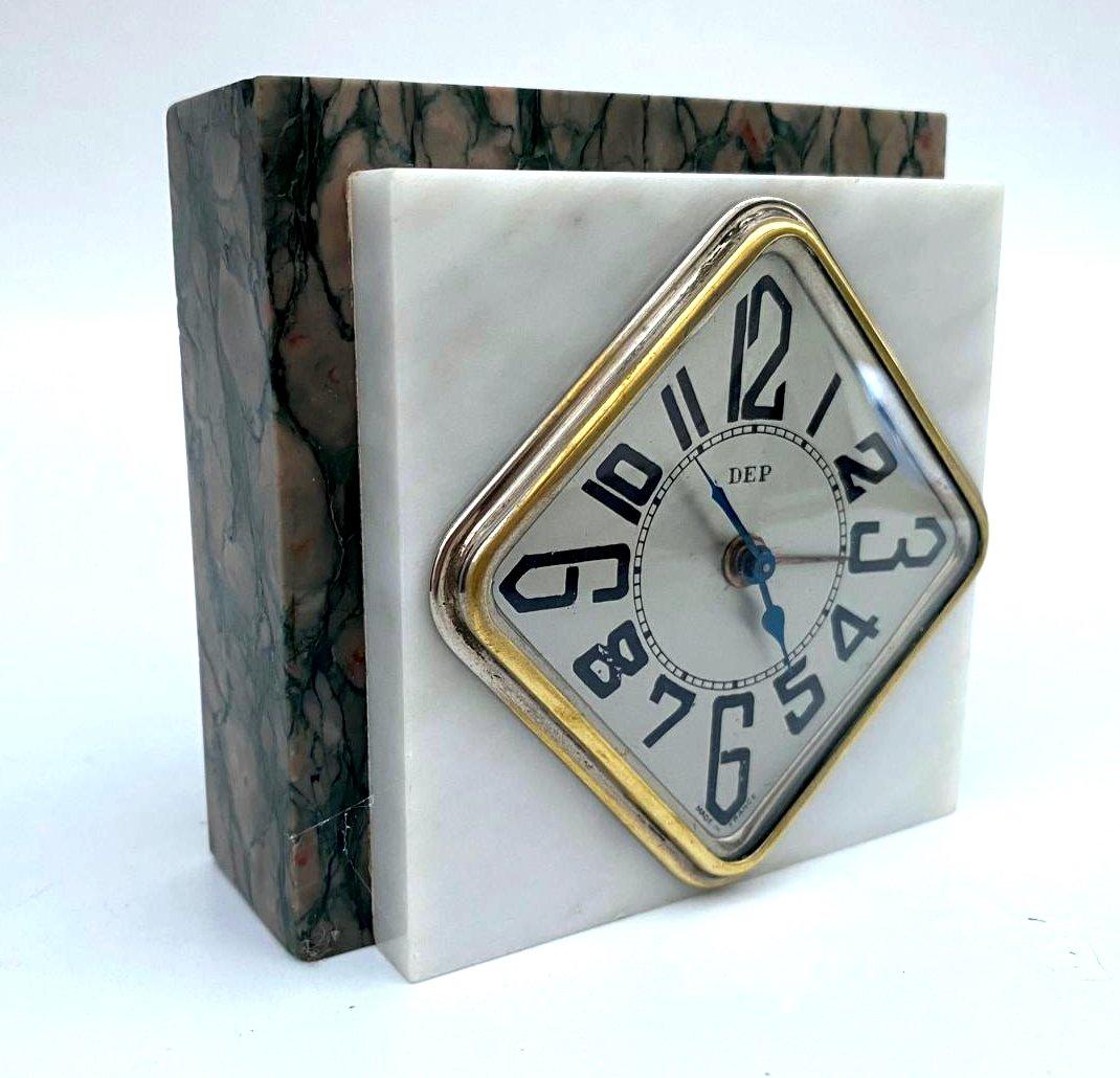Stylish Art Deco Small Marble & Chrome Clock With Alarm By DEP, French, C1930 For Sale 10
