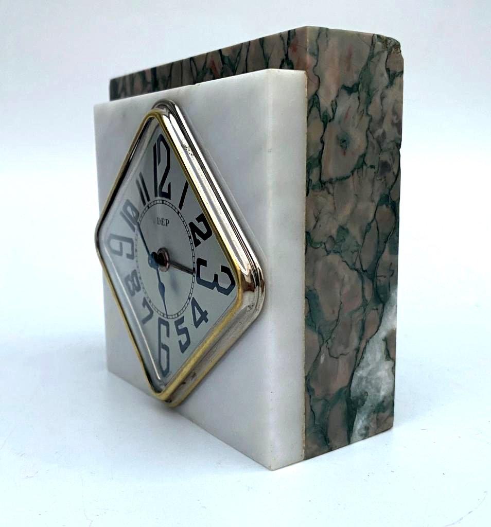 Brass Stylish Art Deco Small Marble & Chrome Clock With Alarm By DEP, French, C1930 For Sale