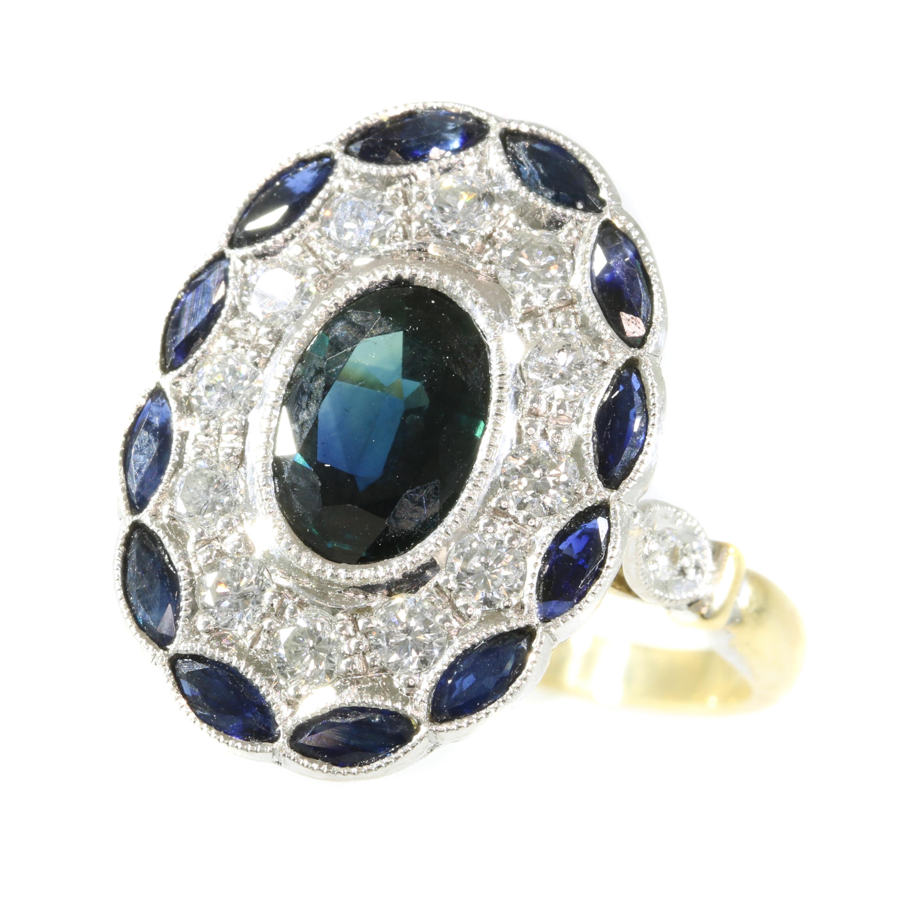 Stylish Art Deco Style Diamond and Natural Sapphire Engagement Ring For Sale