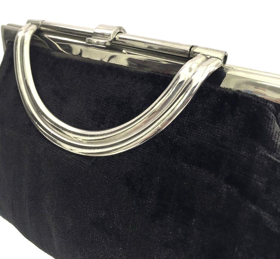 English Stylish Art Deco Velvet and Chrome Handbag Purse, circa 1930s For Sale