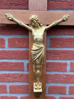 Stylish Art Deco Wall Crucifix Gilt Bronze Christ Corpus Mounted on a Oak Cross