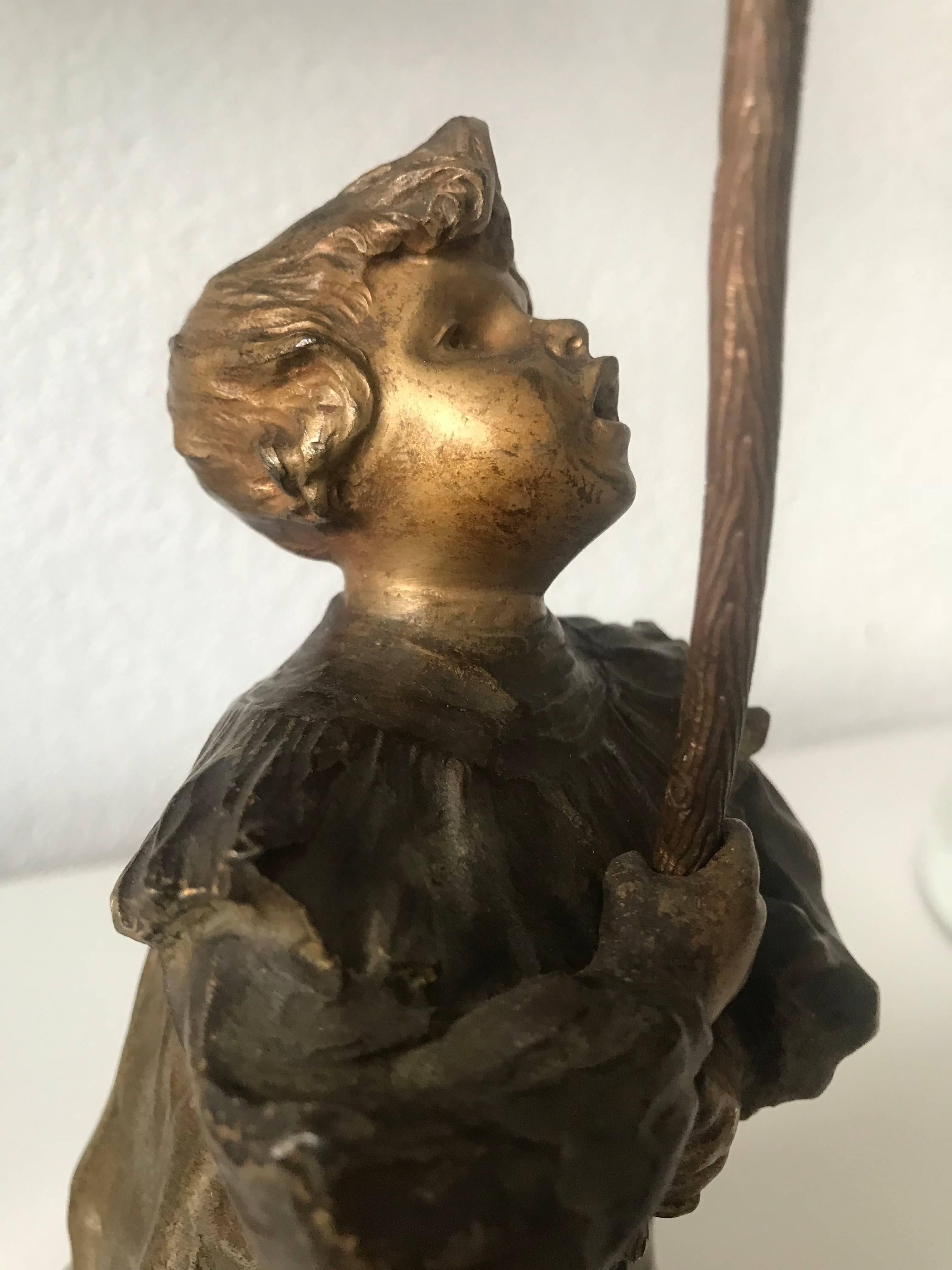 Stylish Art Nouveau Gilt Bronze Girl with Lantern Table or Desk Lamp In Good Condition In Lisse, NL