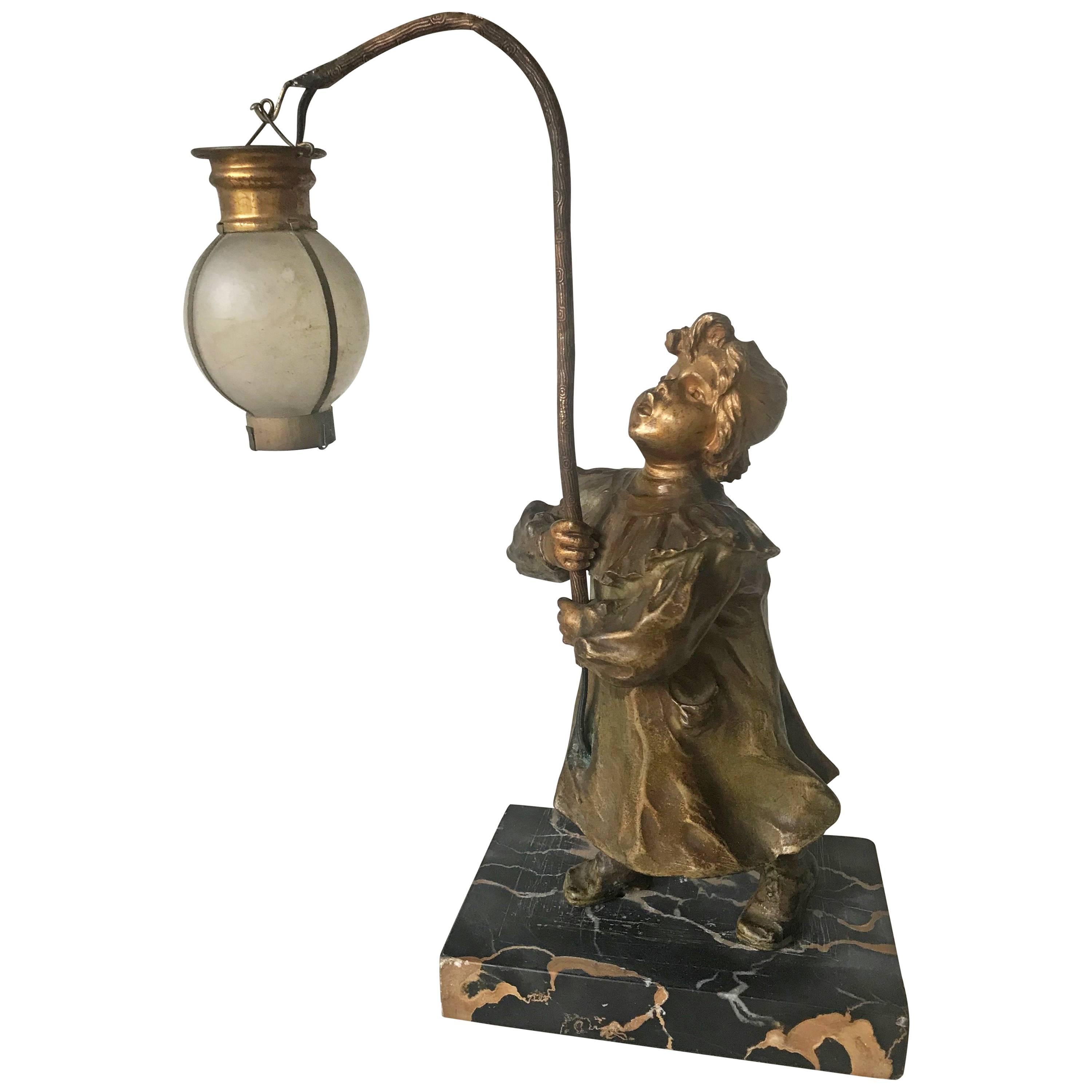 Stylish Art Nouveau Gilt Bronze Girl with Lantern Table or Desk Lamp