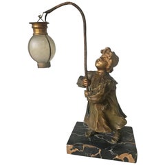 Antique Stylish Art Nouveau Gilt Bronze Girl with Lantern Table or Desk Lamp