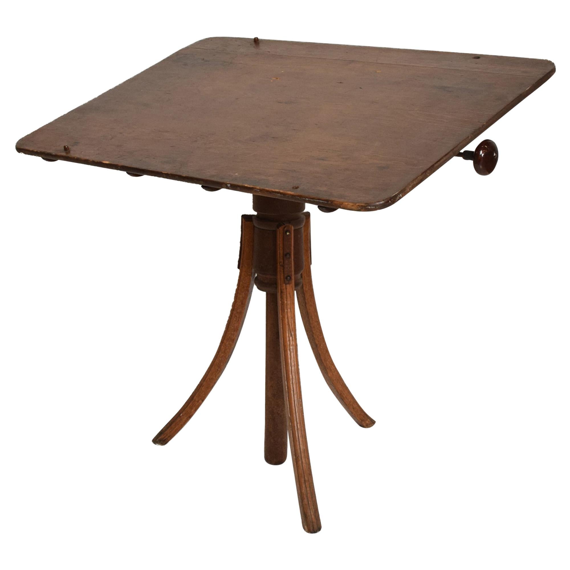 Stylish Artist Antique Oak Drawing Desk Drafting Table on Tripod Pedestal, 1920s