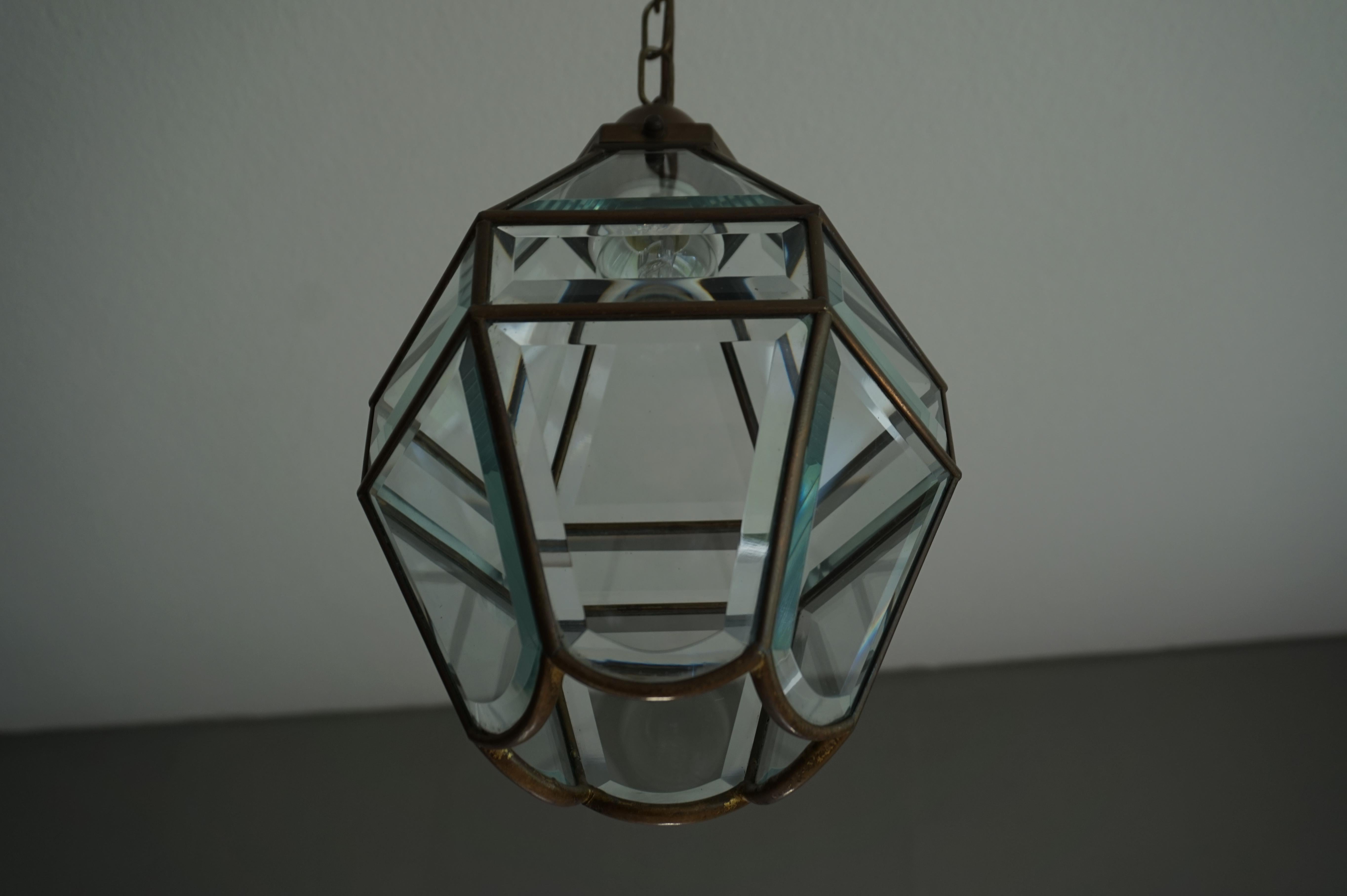 Stylish Arts & Crafts Brass and Beveled Glass Pendant Light in Adolf Loos Style 5