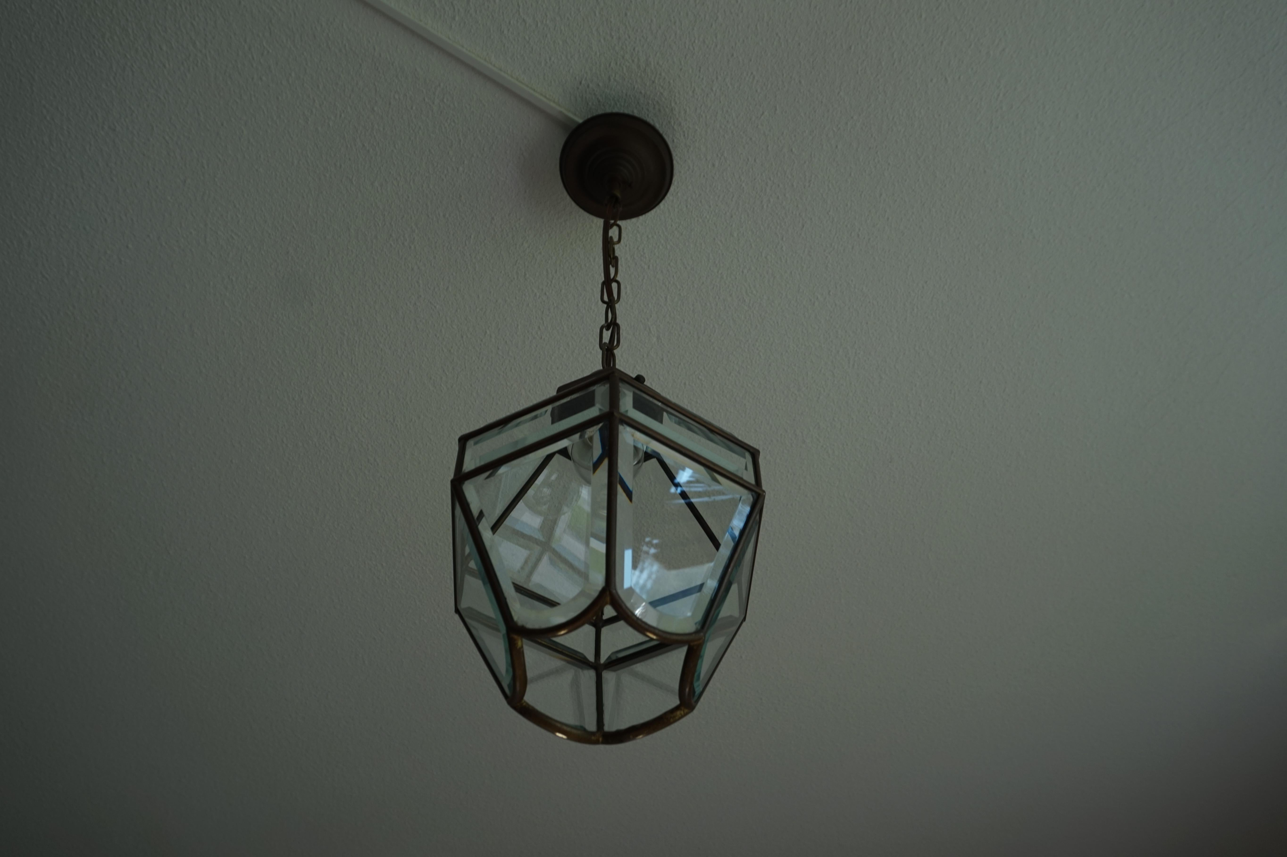Stylish Arts & Crafts Brass and Beveled Glass Pendant Light in Adolf Loos Style 7