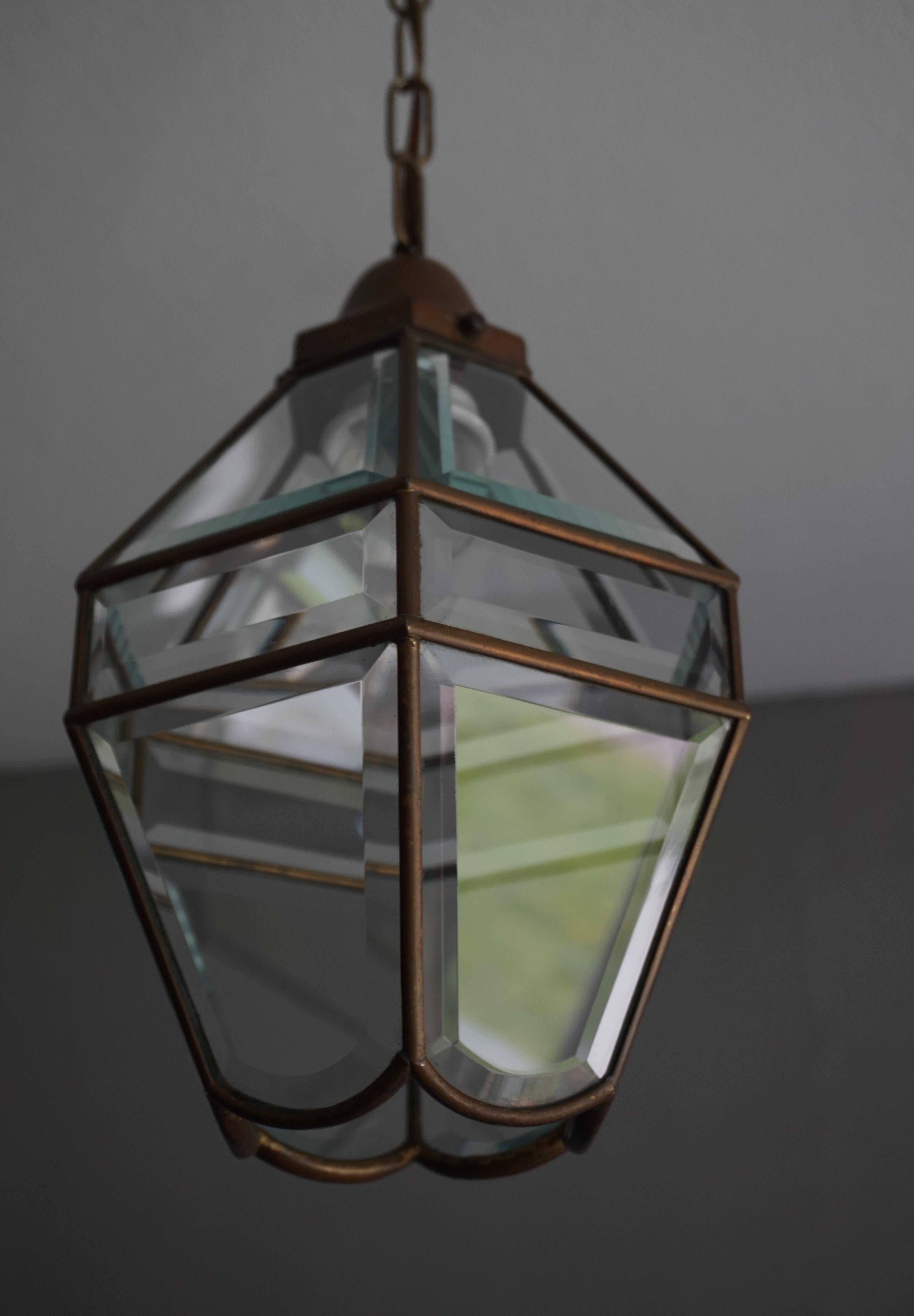 Stylish Arts & Crafts Brass and Beveled Glass Pendant Light in Adolf Loos Style 11