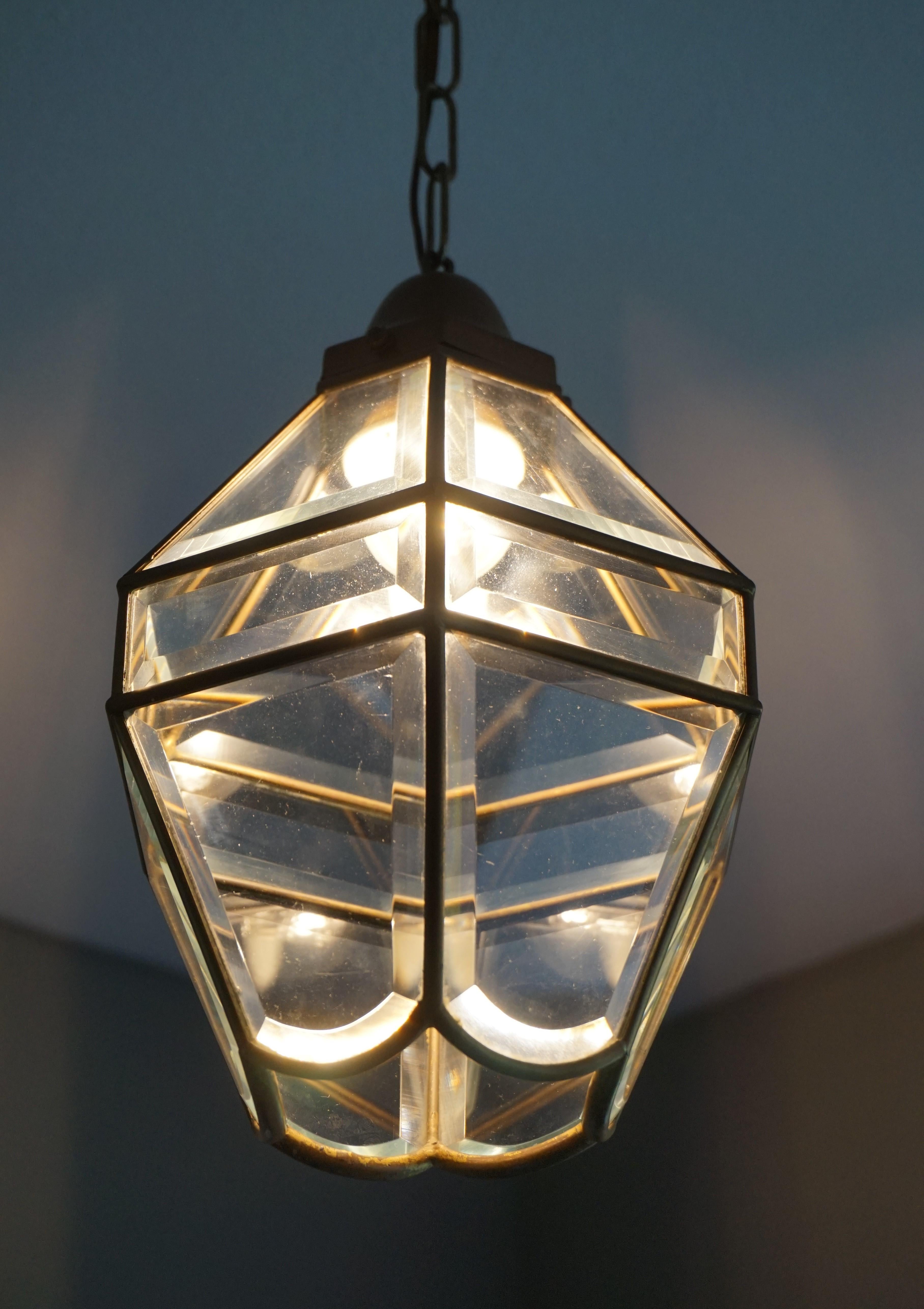 Stylish Arts & Crafts Brass and Beveled Glass Pendant Light in Adolf Loos Style 12