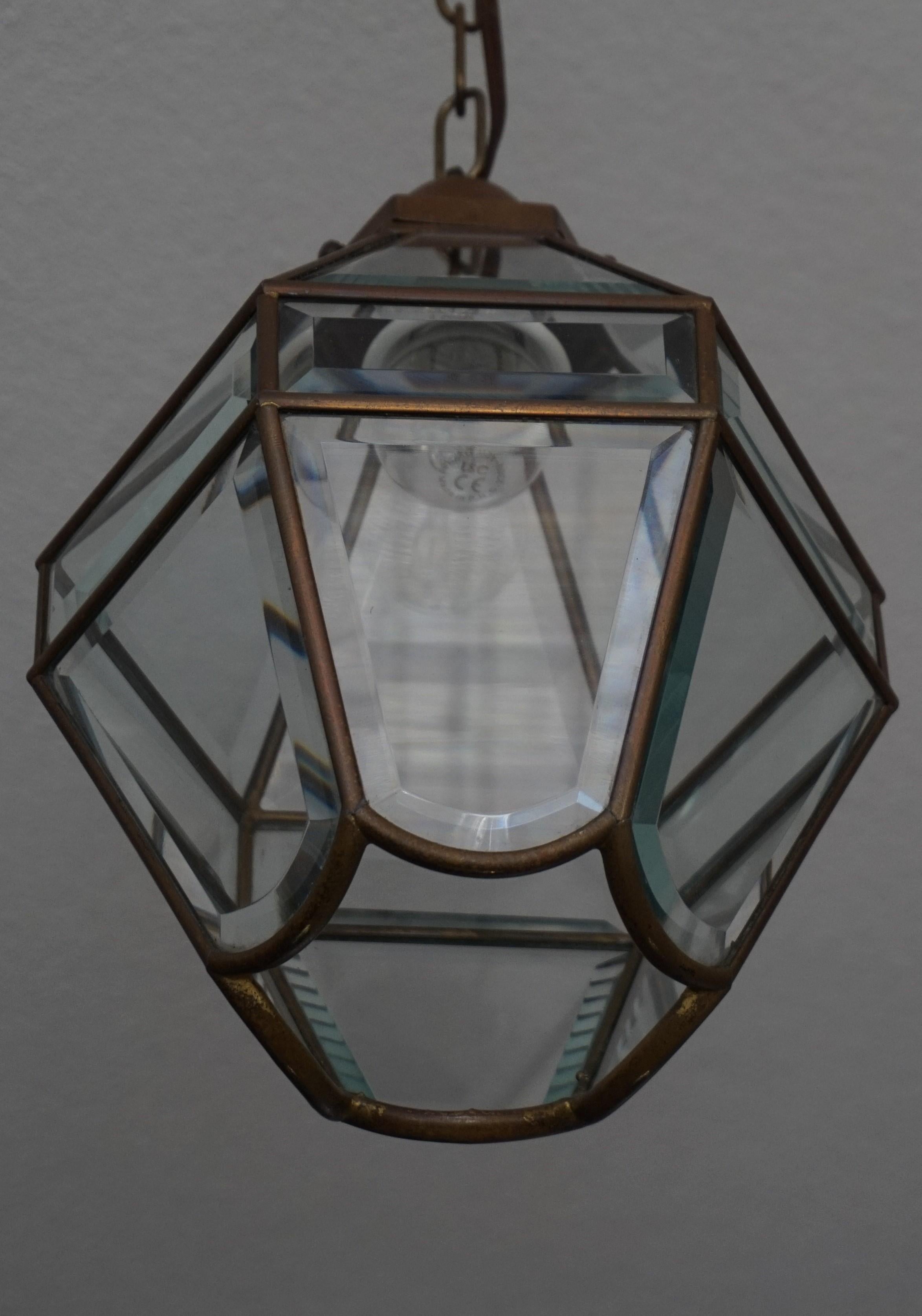 Arts and Crafts Stylish Arts & Crafts Brass and Beveled Glass Pendant Light in Adolf Loos Style