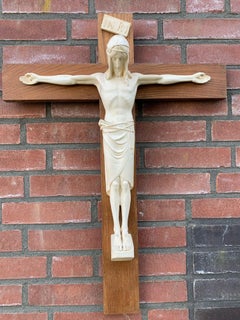 Stylish Arts & Crafts Crucifix with Stunning Antique Handcrafted Jesus Sculpture