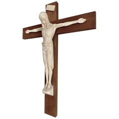 Stylish Arts & Crafts Crucifix with Stunning Antique Handcrafted Jesus Sculpture