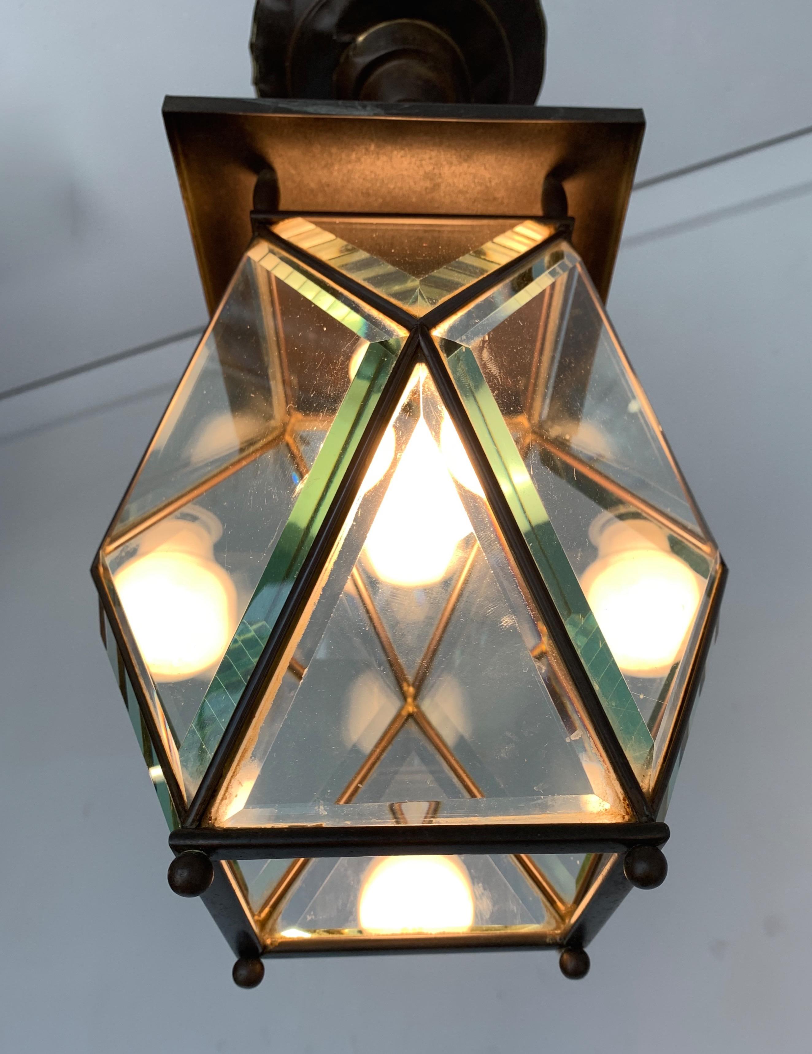 Stylish Arts & Crafts Brass and Beveled Glass Pendant Light in Adolf Loos Style 4