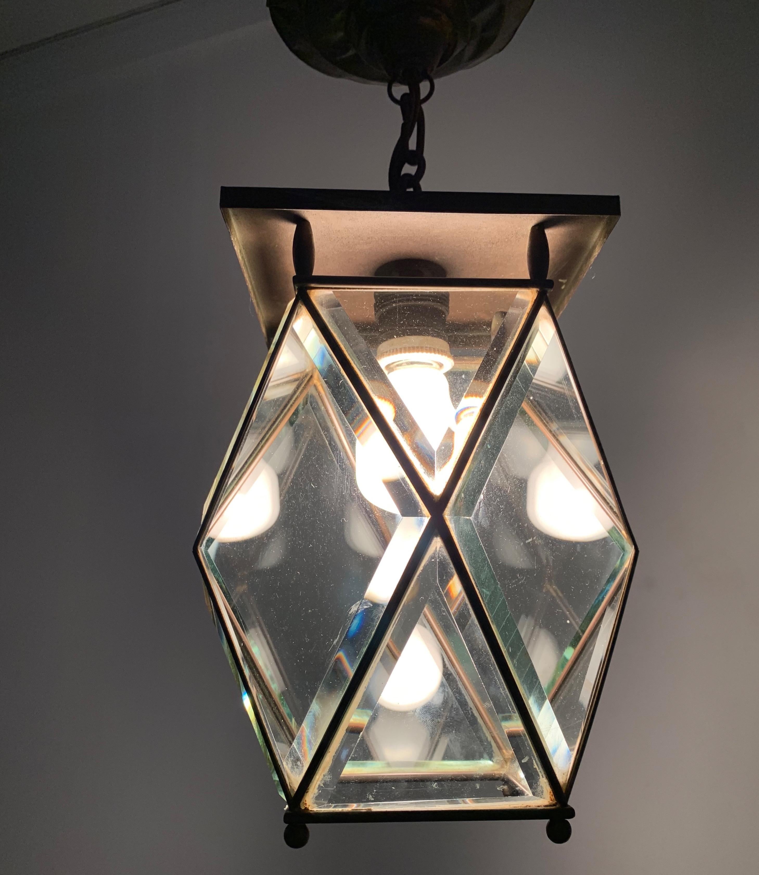 Stylish Arts & Crafts Brass and Beveled Glass Pendant Light in Adolf Loos Style 5