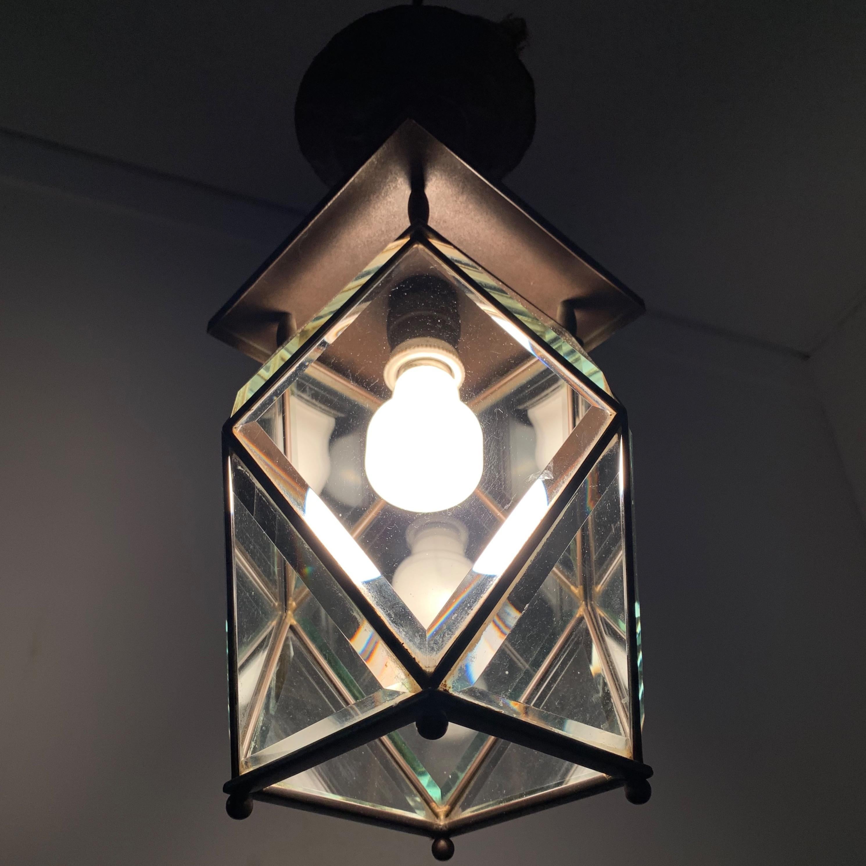 Stylish Arts & Crafts Brass and Beveled Glass Pendant Light in Adolf Loos Style 6