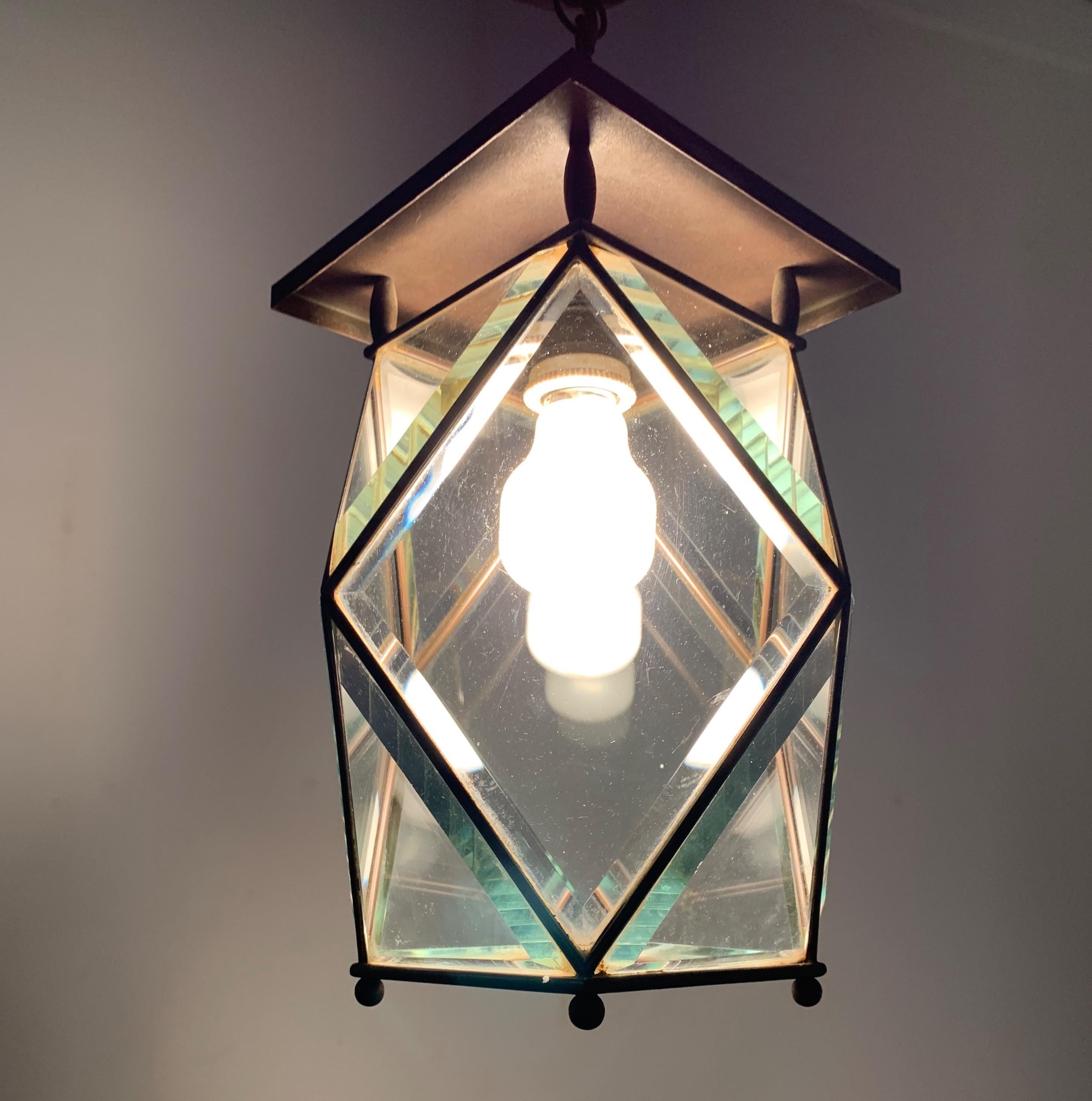 Stylish Arts & Crafts Brass and Beveled Glass Pendant Light in Adolf Loos Style 8