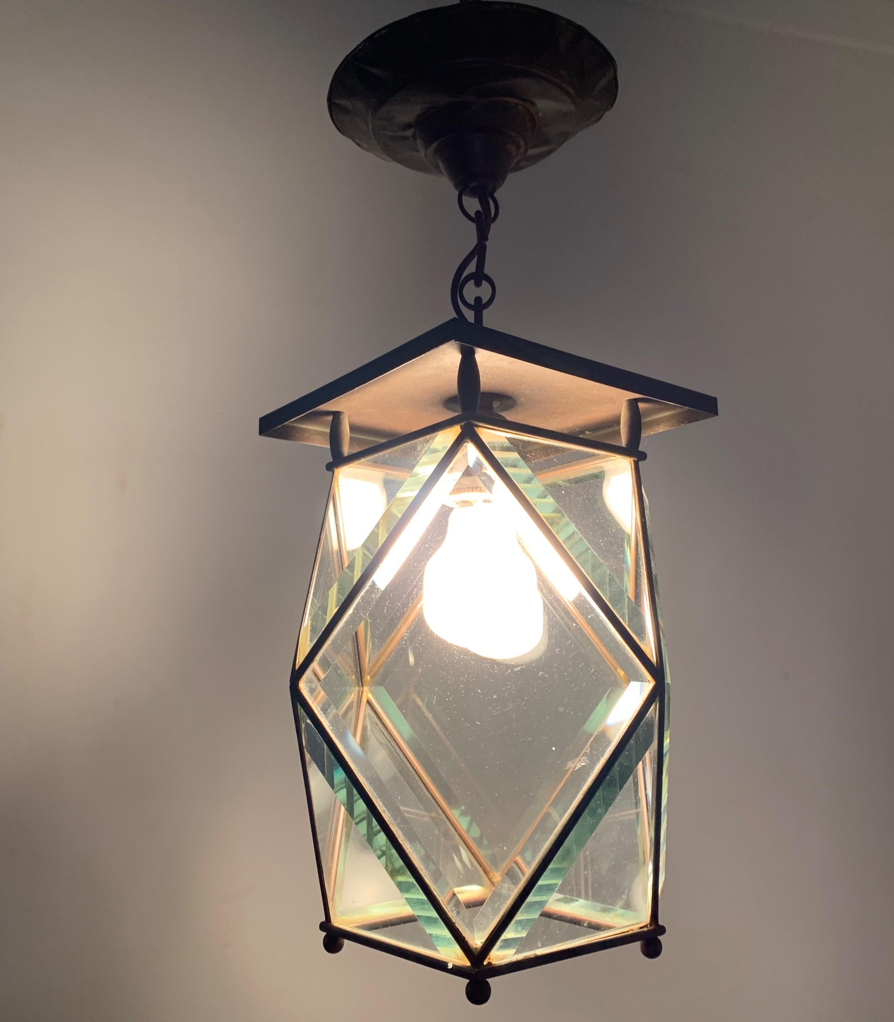 Stylish Arts & Crafts Brass and Beveled Glass Pendant Light in Adolf Loos Style 10