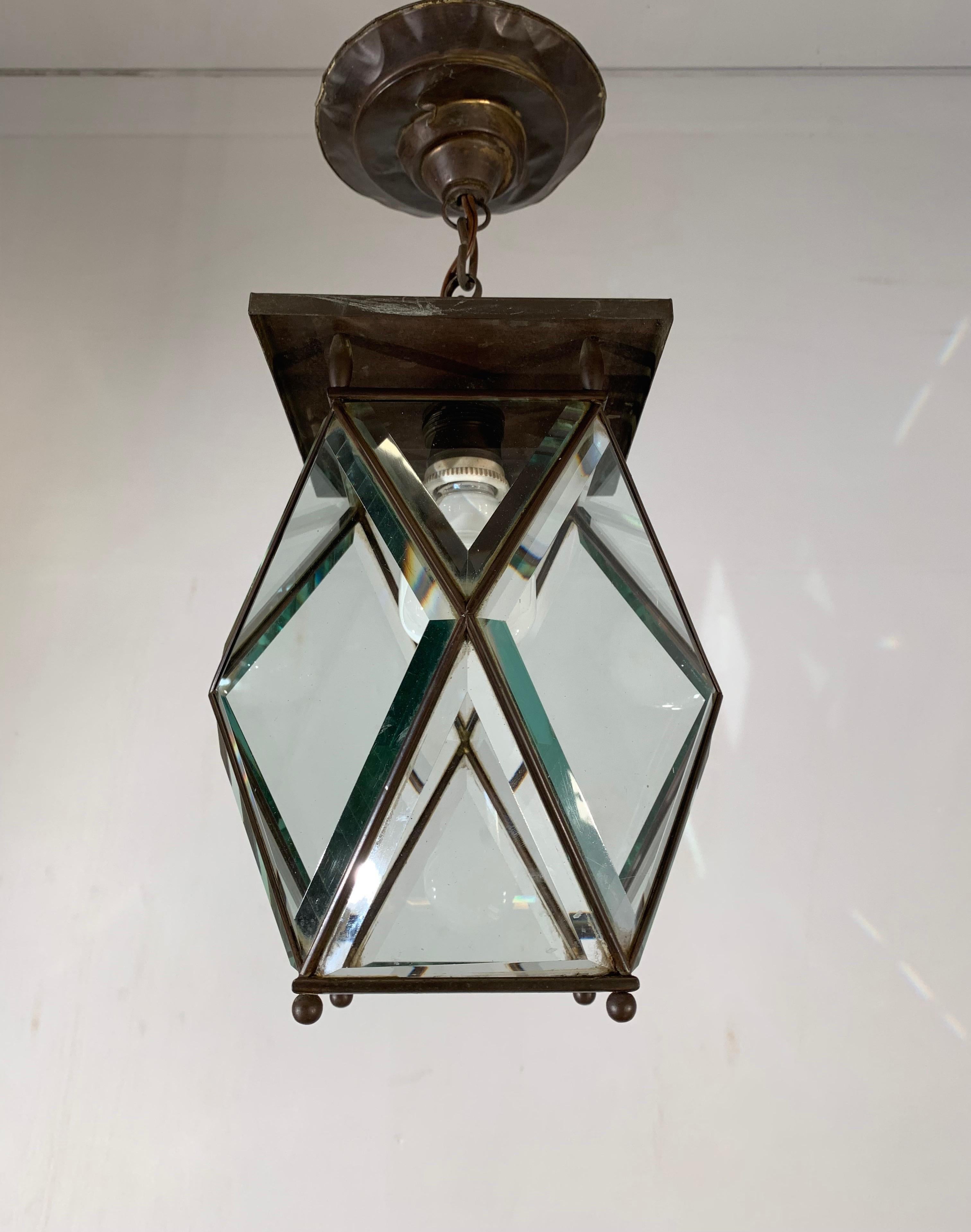 Stylish Arts & Crafts Brass and Beveled Glass Pendant Light in Adolf Loos Style 12