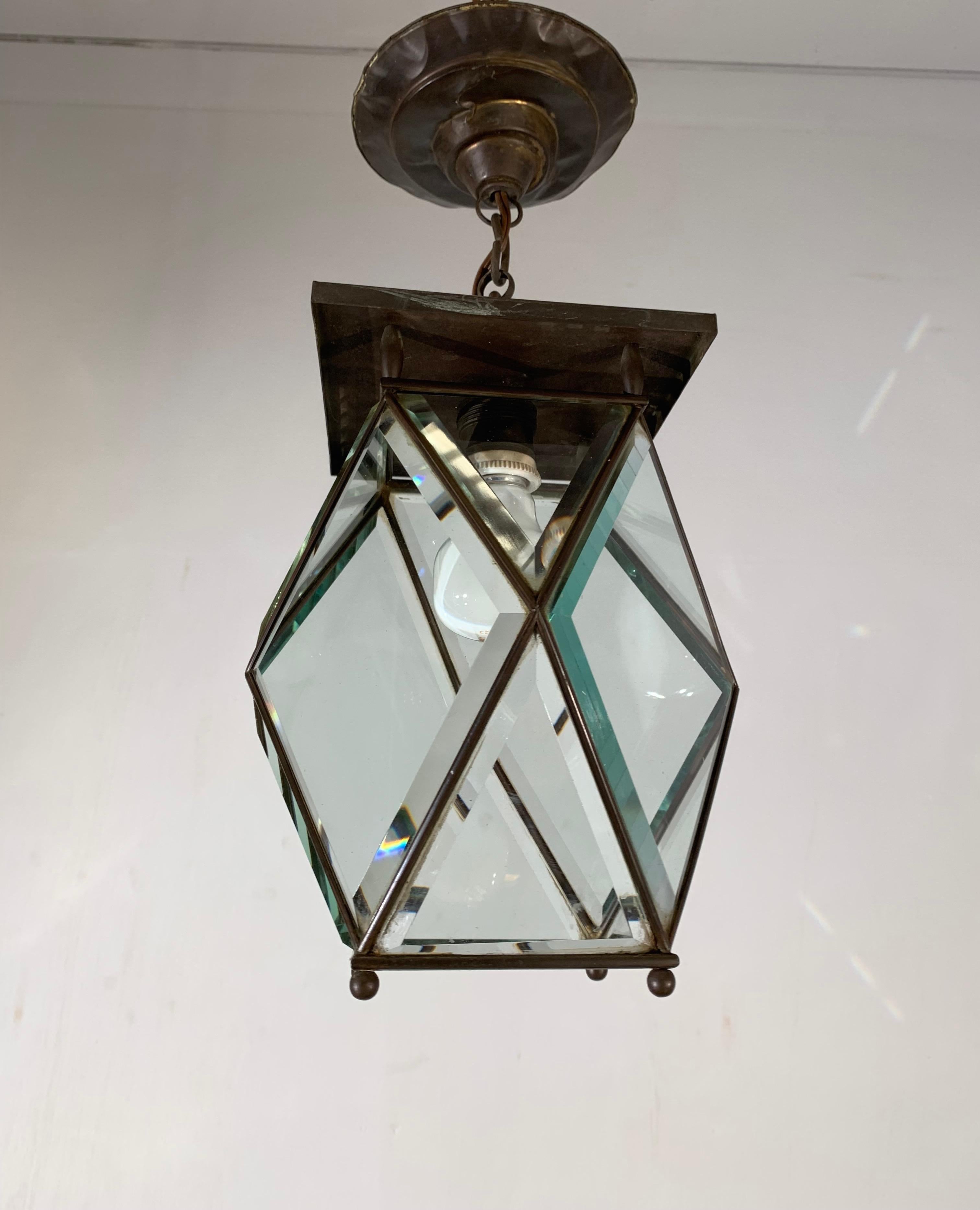 Vienna Secession Stylish Arts & Crafts Brass and Beveled Glass Pendant Light in Adolf Loos Style