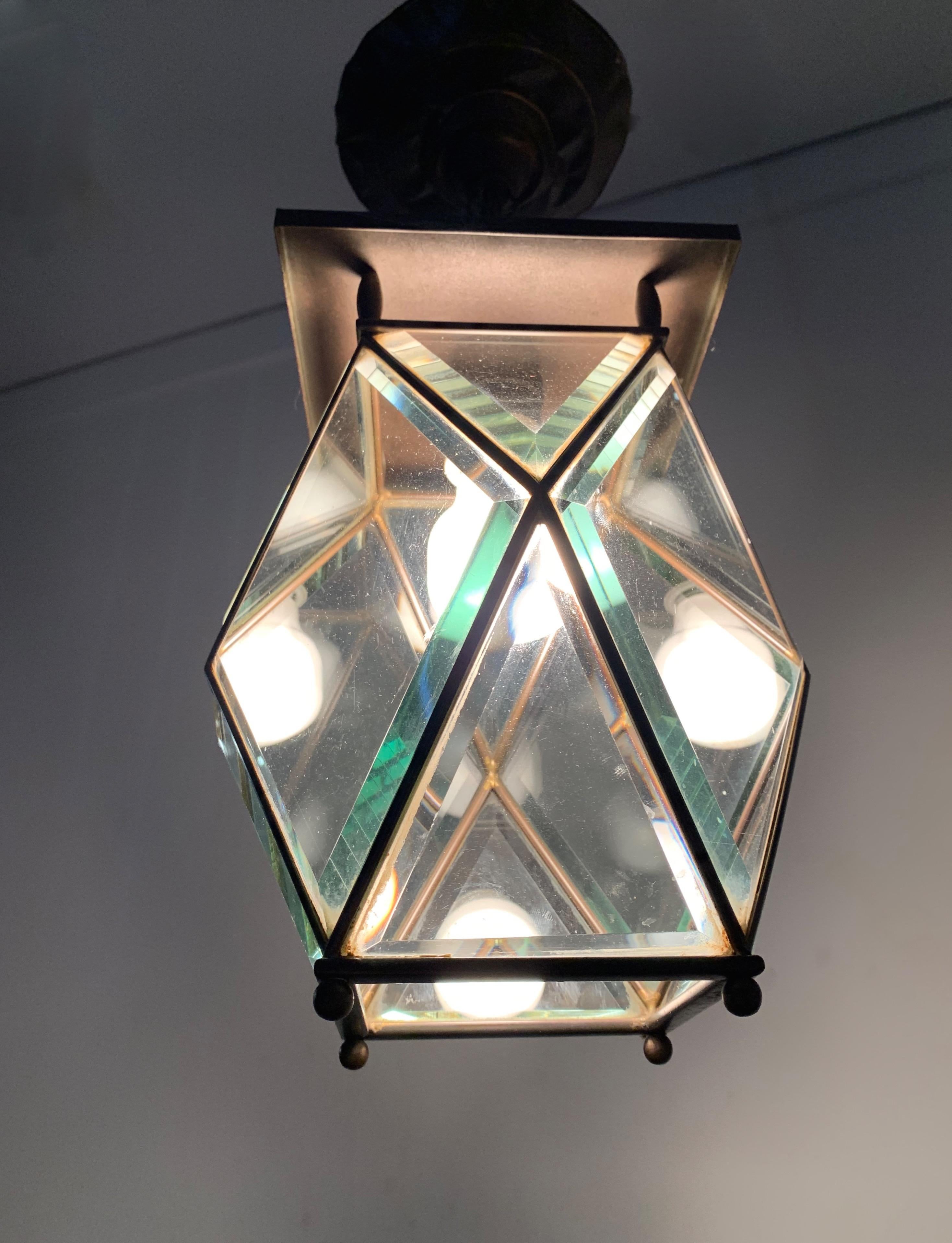 European Stylish Arts & Crafts Brass and Beveled Glass Pendant Light in Adolf Loos Style