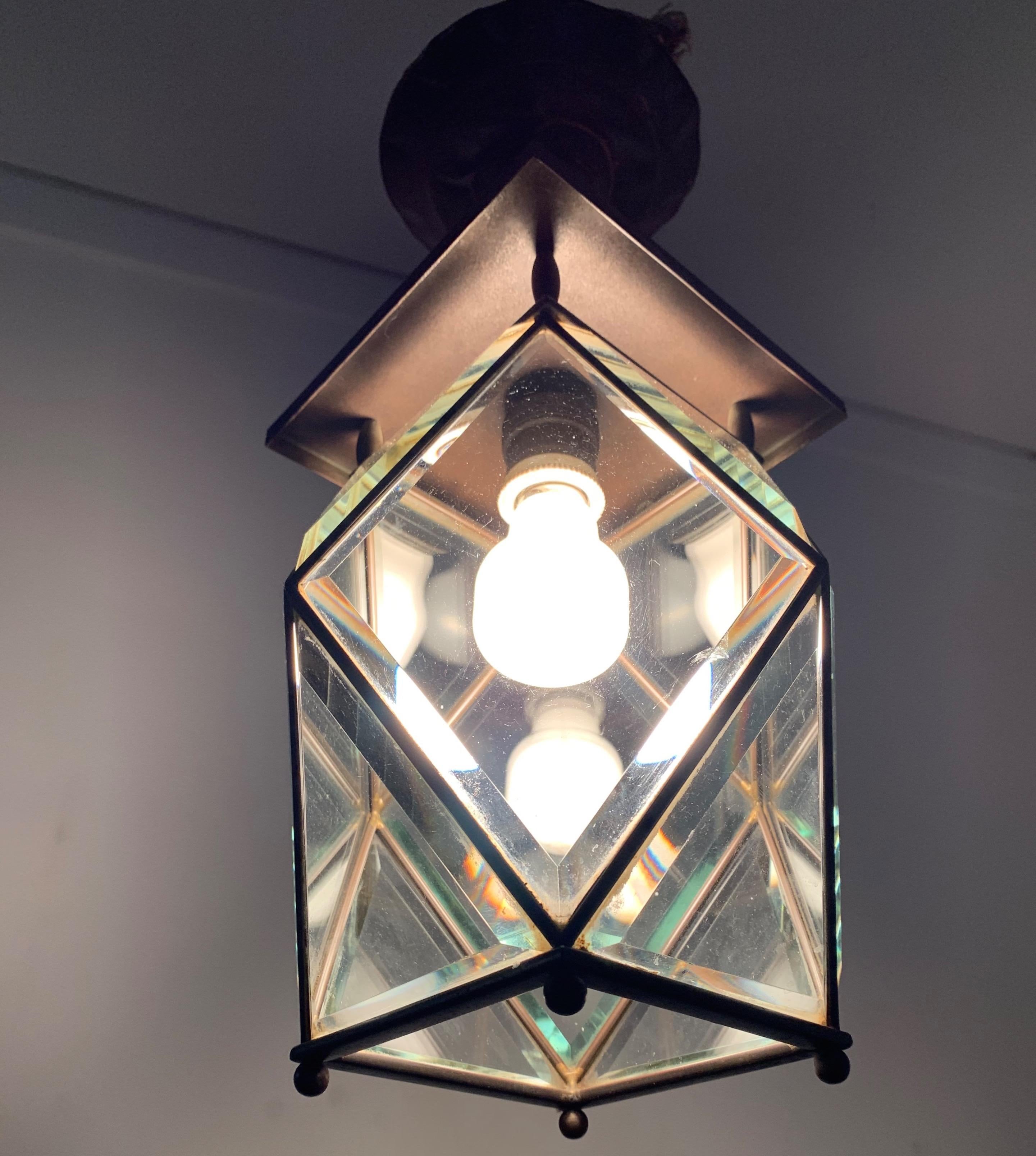 20th Century Stylish Arts & Crafts Brass and Beveled Glass Pendant Light in Adolf Loos Style