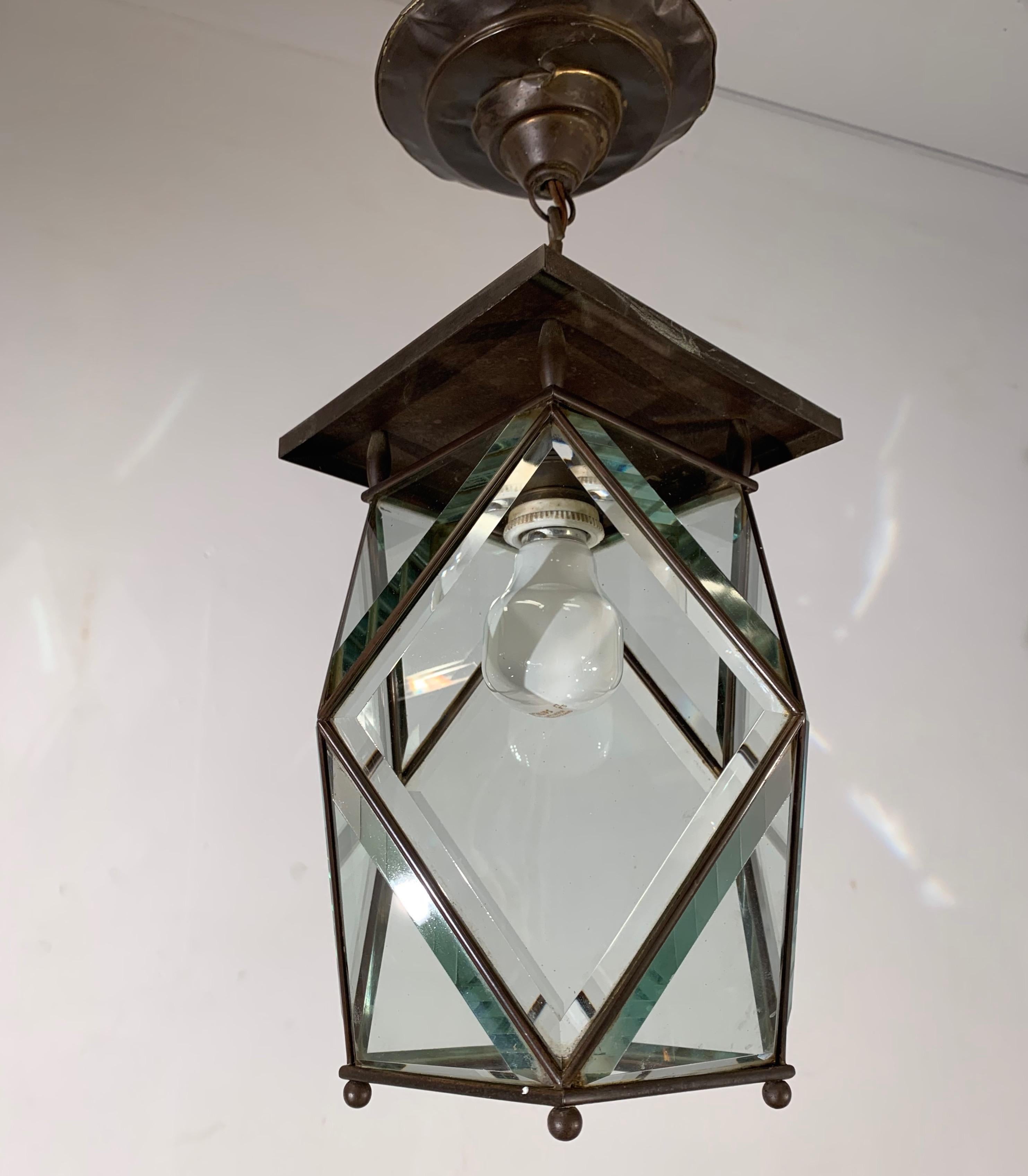 Stylish Arts & Crafts Brass and Beveled Glass Pendant Light in Adolf Loos Style 1