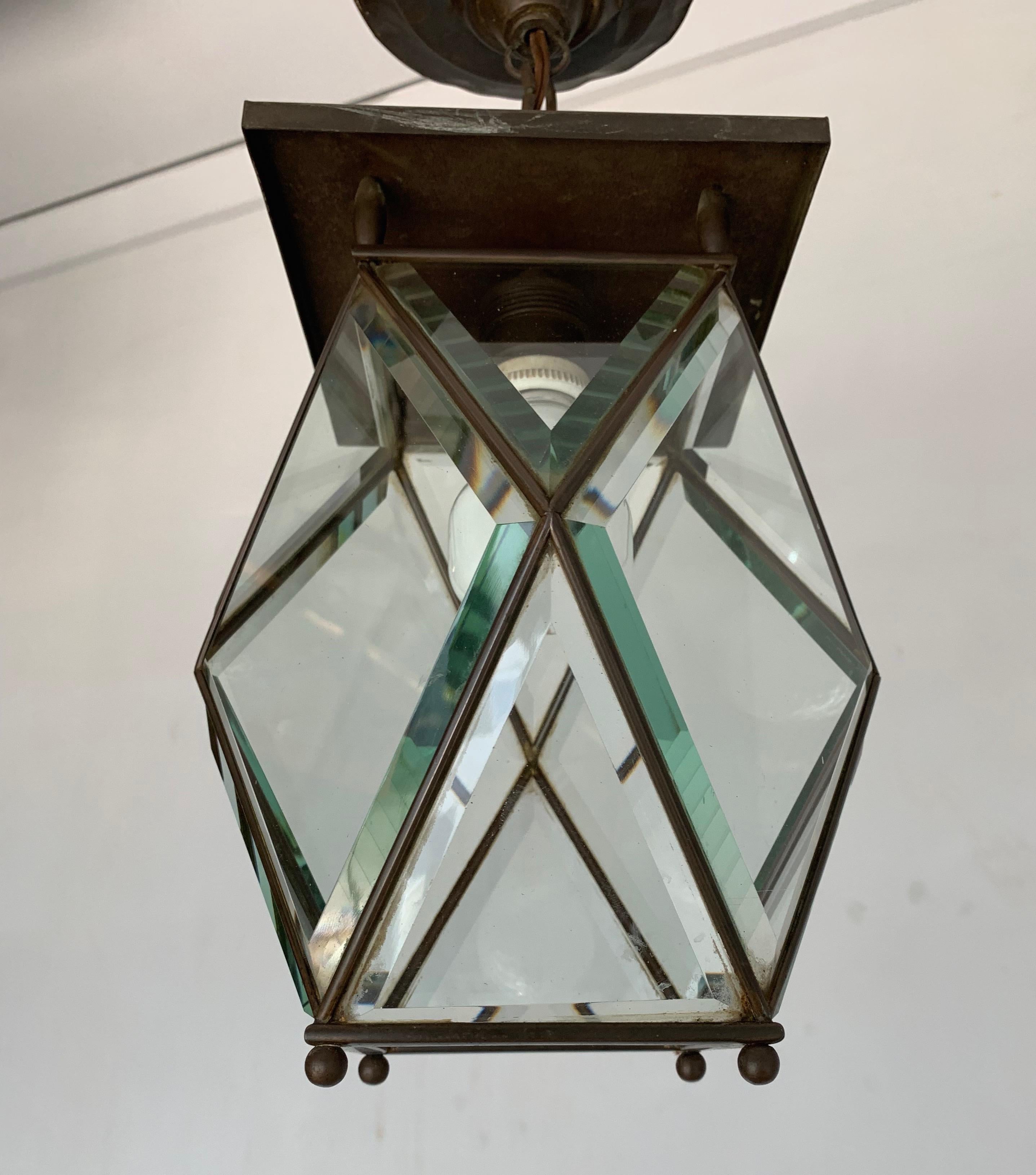 Stylish Arts & Crafts Brass and Beveled Glass Pendant Light in Adolf Loos Style 2