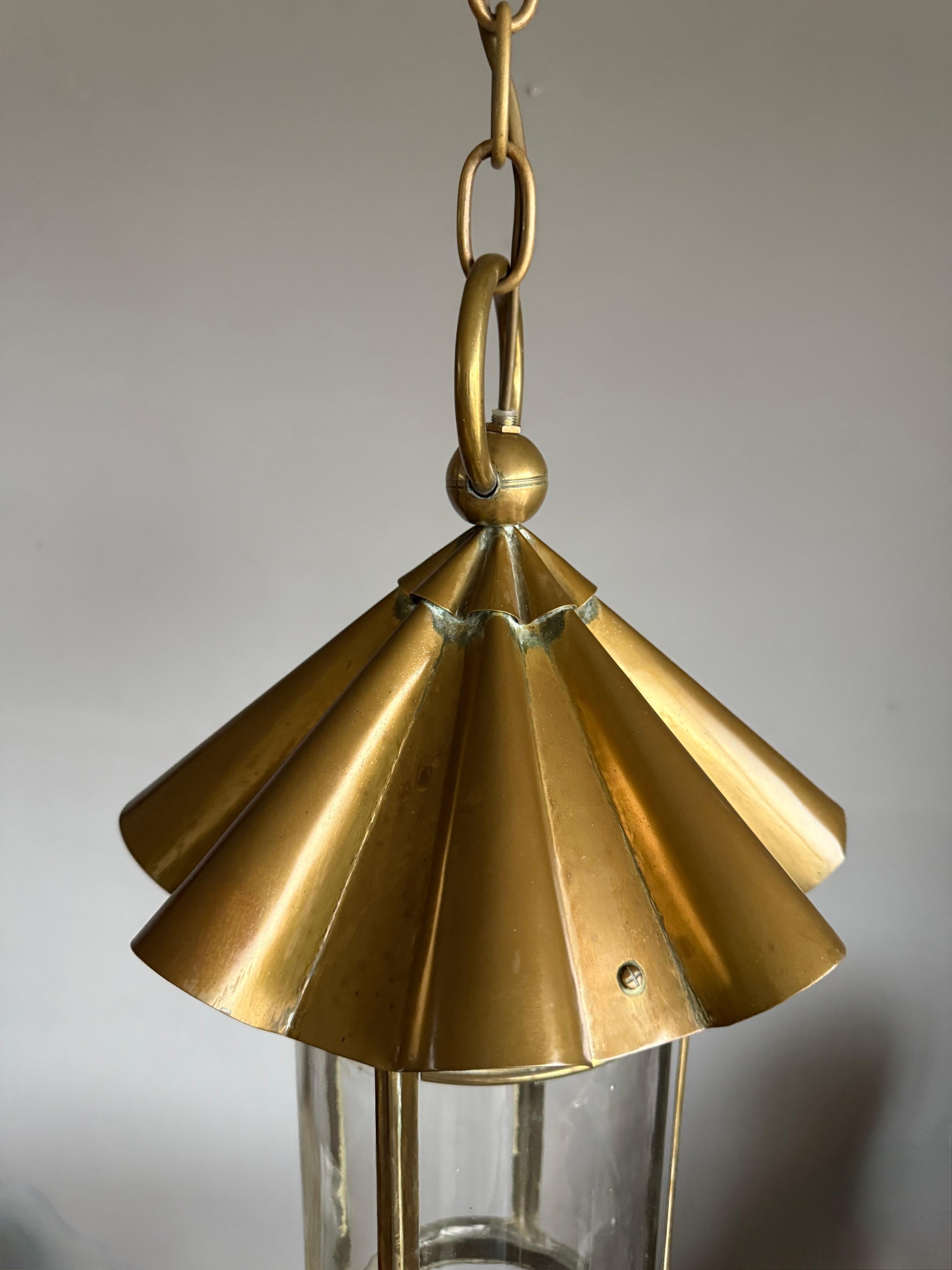Stunning Arts & Crafts Brass & Cylindrical Glass Lantern / Pendant with Wavy Top For Sale 3