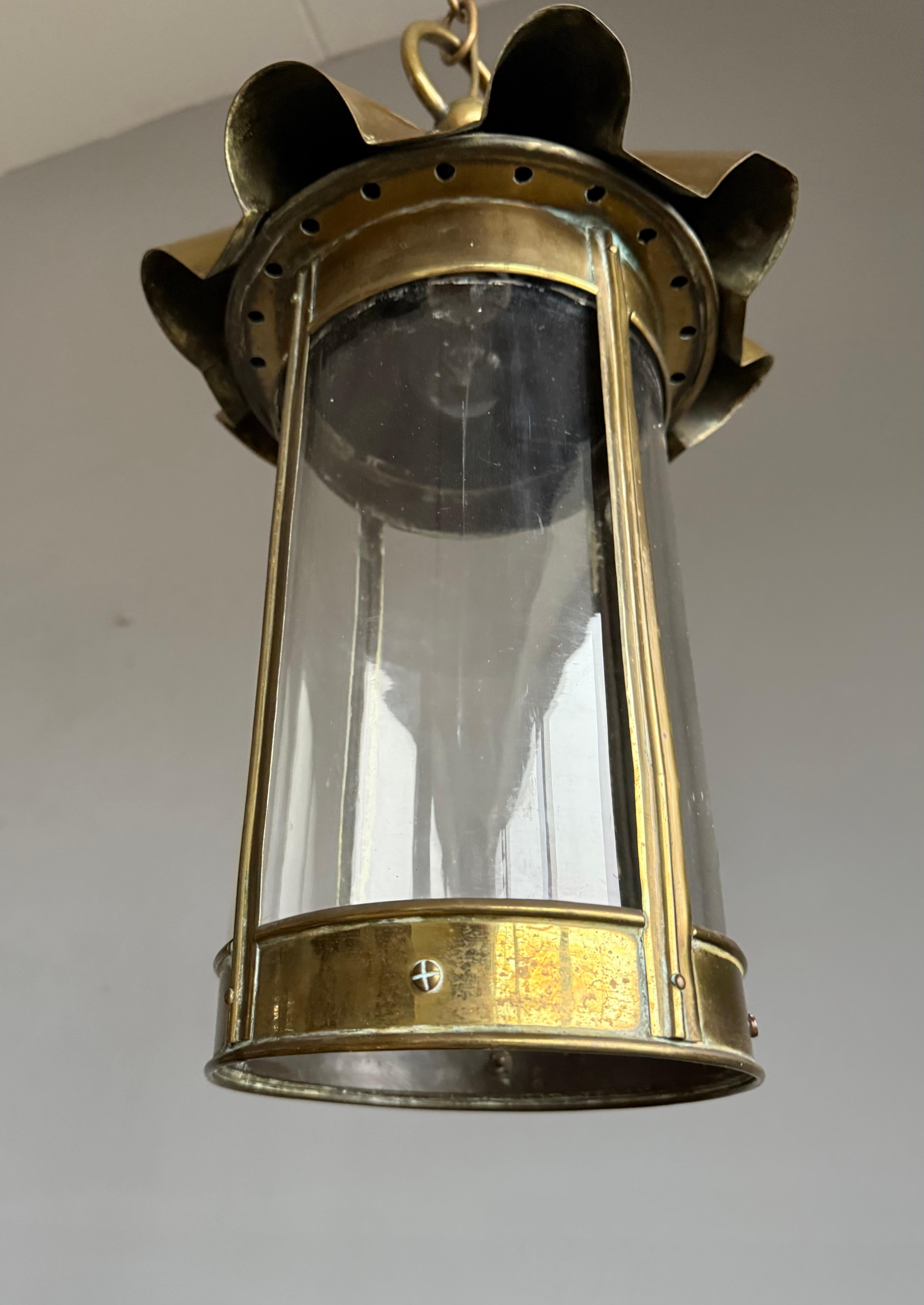 Stunning Arts & Crafts Brass & Cylindrical Glass Lantern / Pendant with Wavy Top For Sale 4