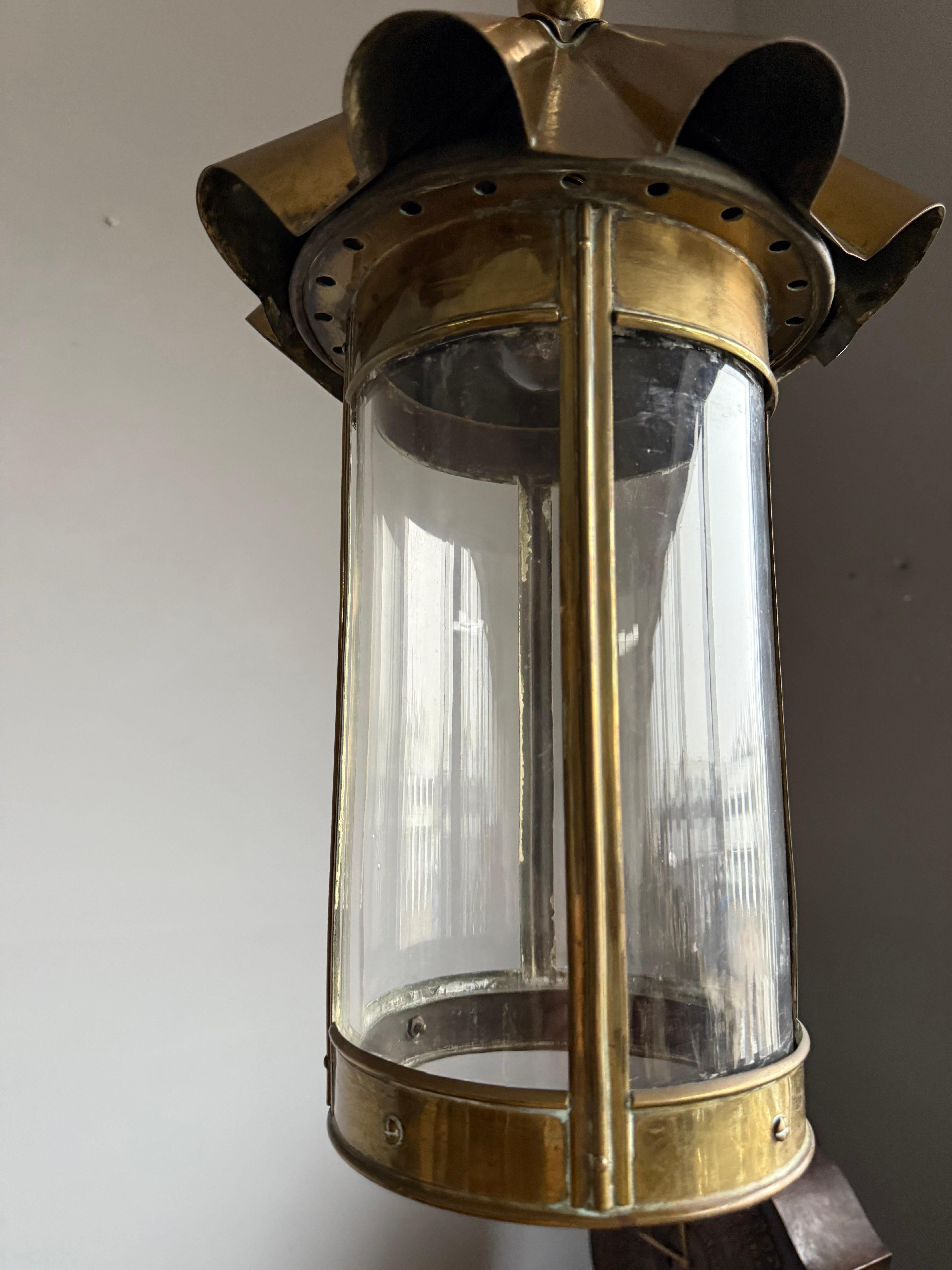 Stunning Arts & Crafts Brass & Cylindrical Glass Lantern / Pendant with Wavy Top For Sale 5