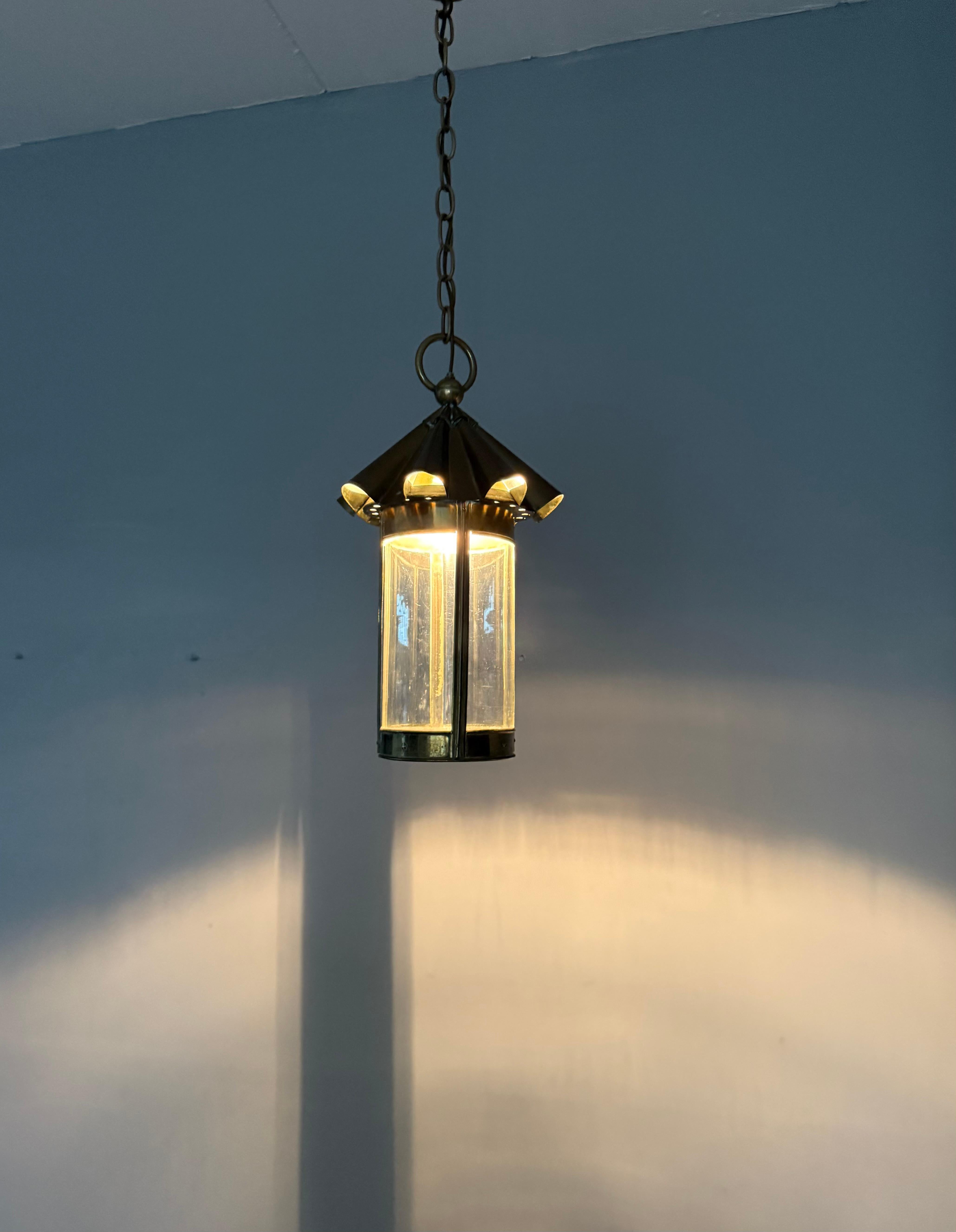 Stunning Arts & Crafts Brass & Cylindrical Glass Lantern / Pendant with Wavy Top For Sale 6