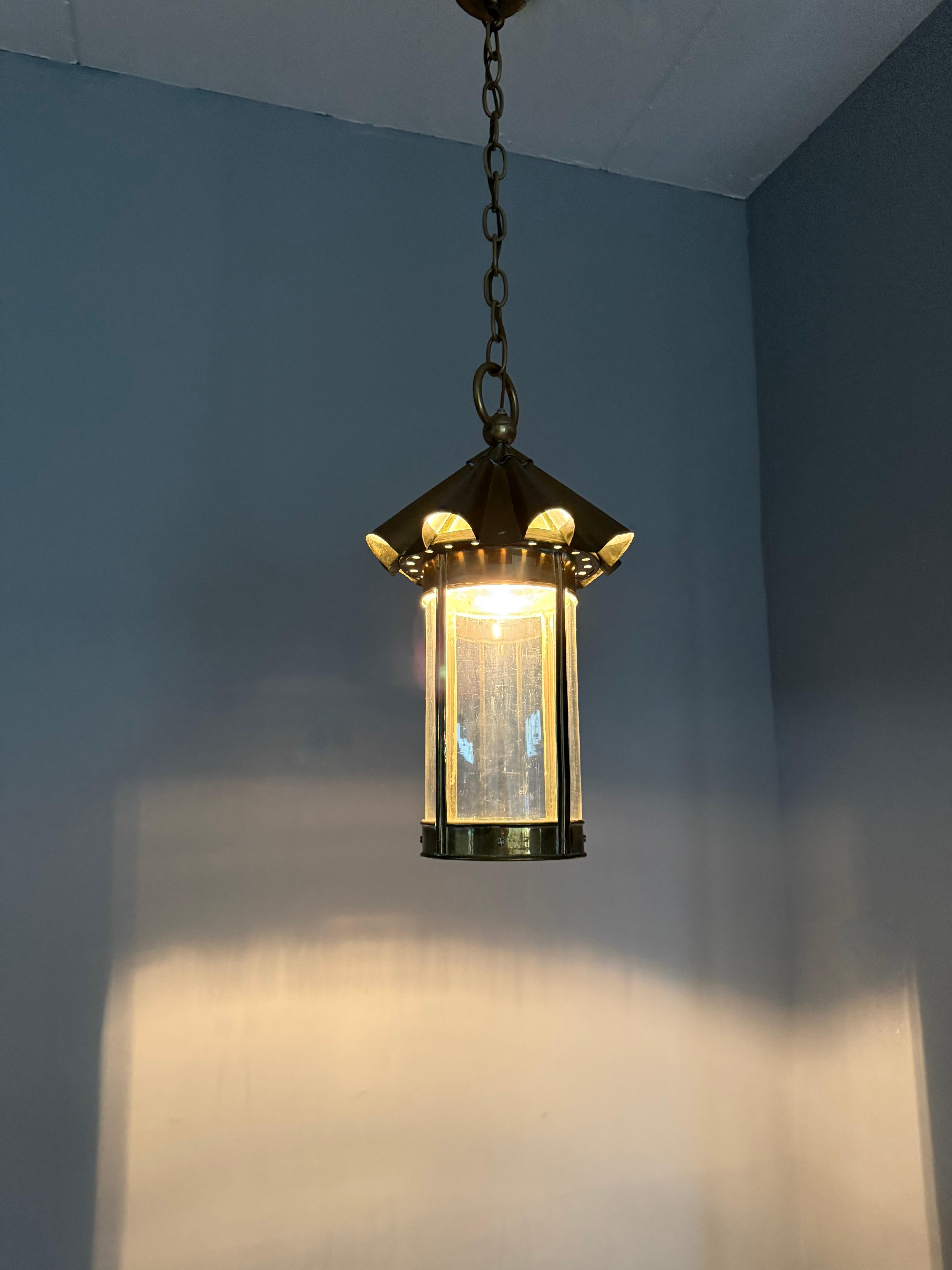 Stunning Arts & Crafts Brass & Cylindrical Glass Lantern / Pendant with Wavy Top For Sale 7