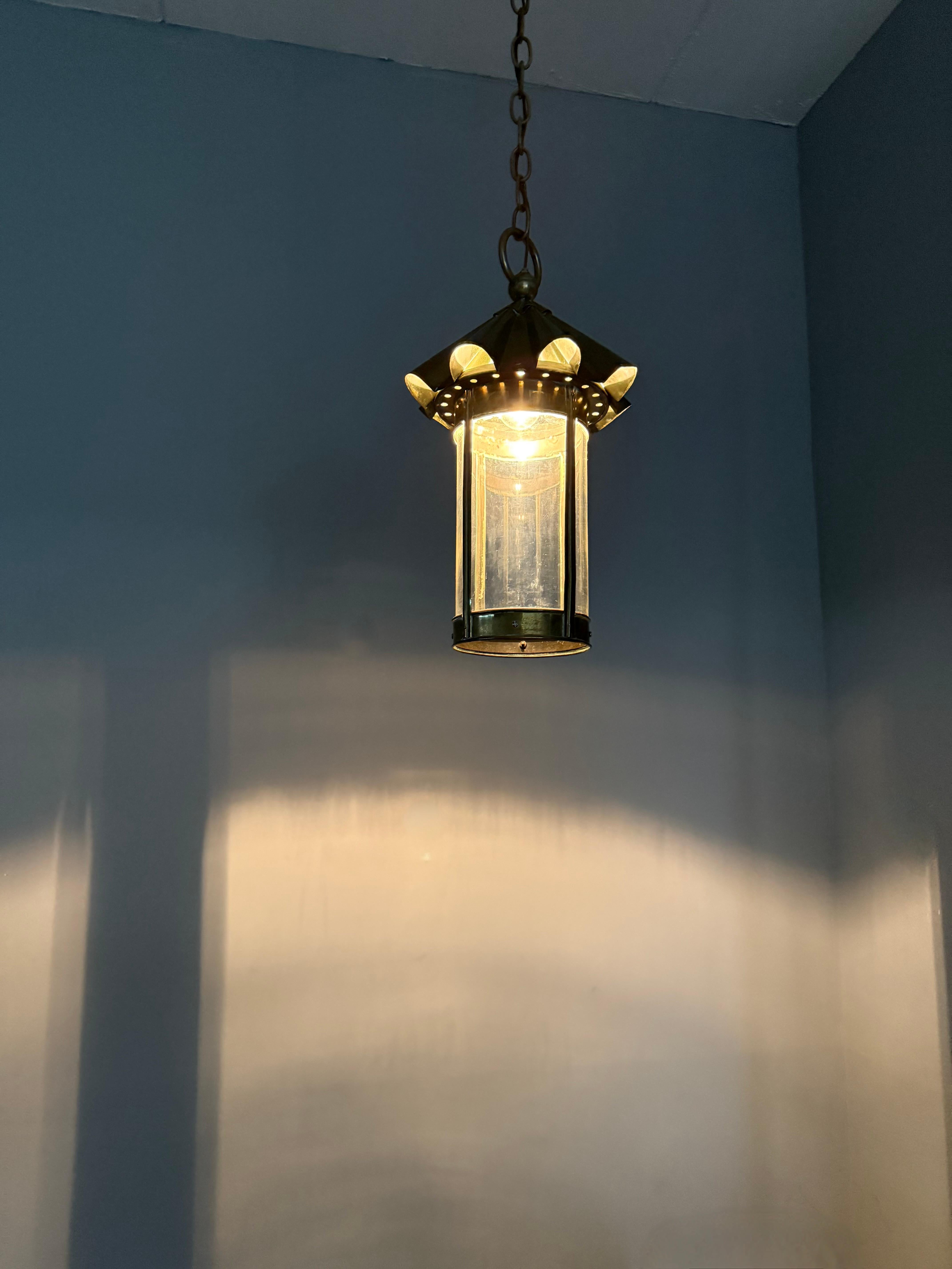 Stunning Arts & Crafts Brass & Cylindrical Glass Lantern / Pendant with Wavy Top For Sale 8