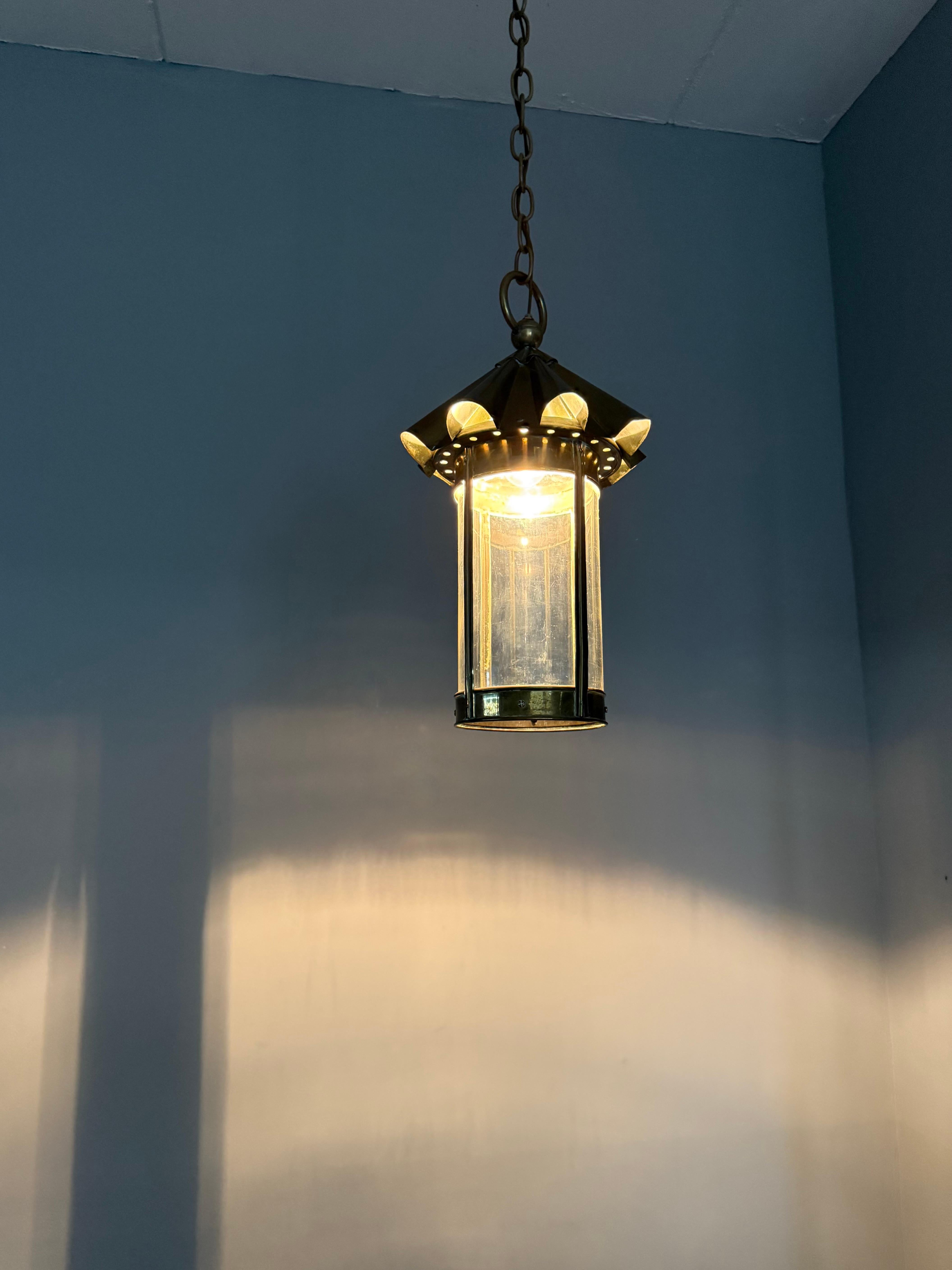 Stunning Arts & Crafts Brass & Cylindrical Glass Lantern / Pendant with Wavy Top For Sale 9