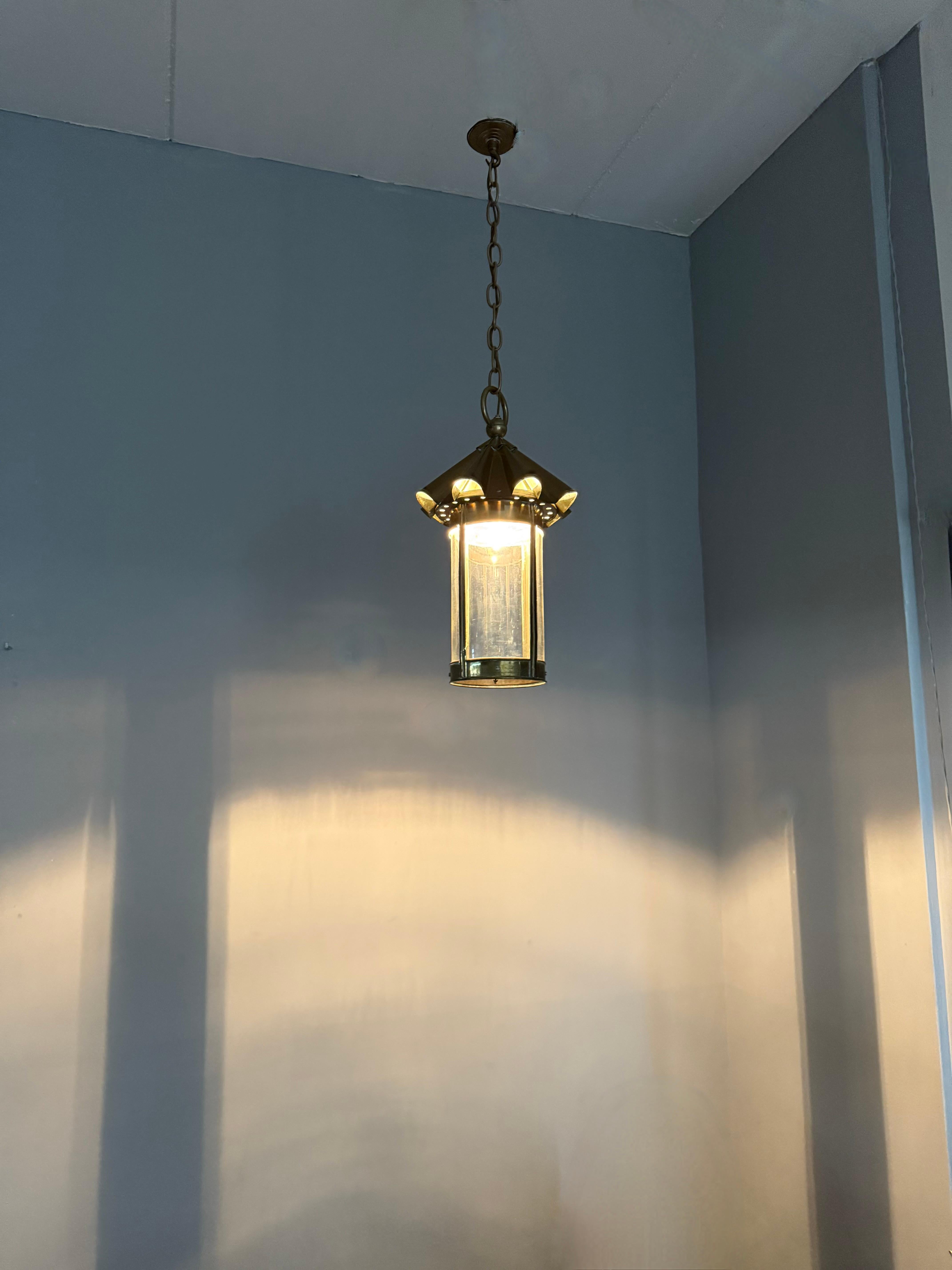 Stunning Arts & Crafts Brass & Cylindrical Glass Lantern / Pendant with Wavy Top For Sale 10