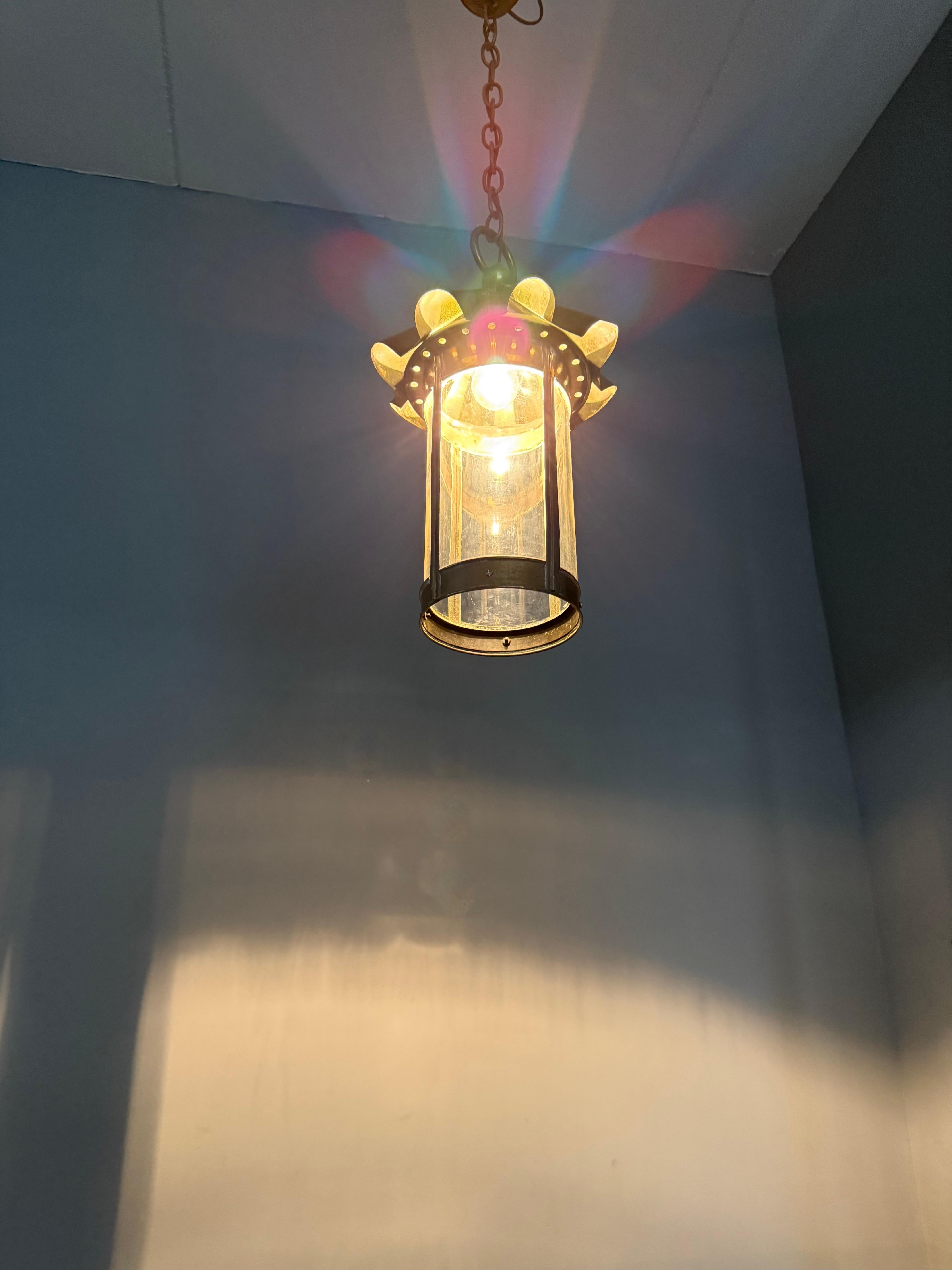Stunning Arts & Crafts Brass & Cylindrical Glass Lantern / Pendant with Wavy Top For Sale 11
