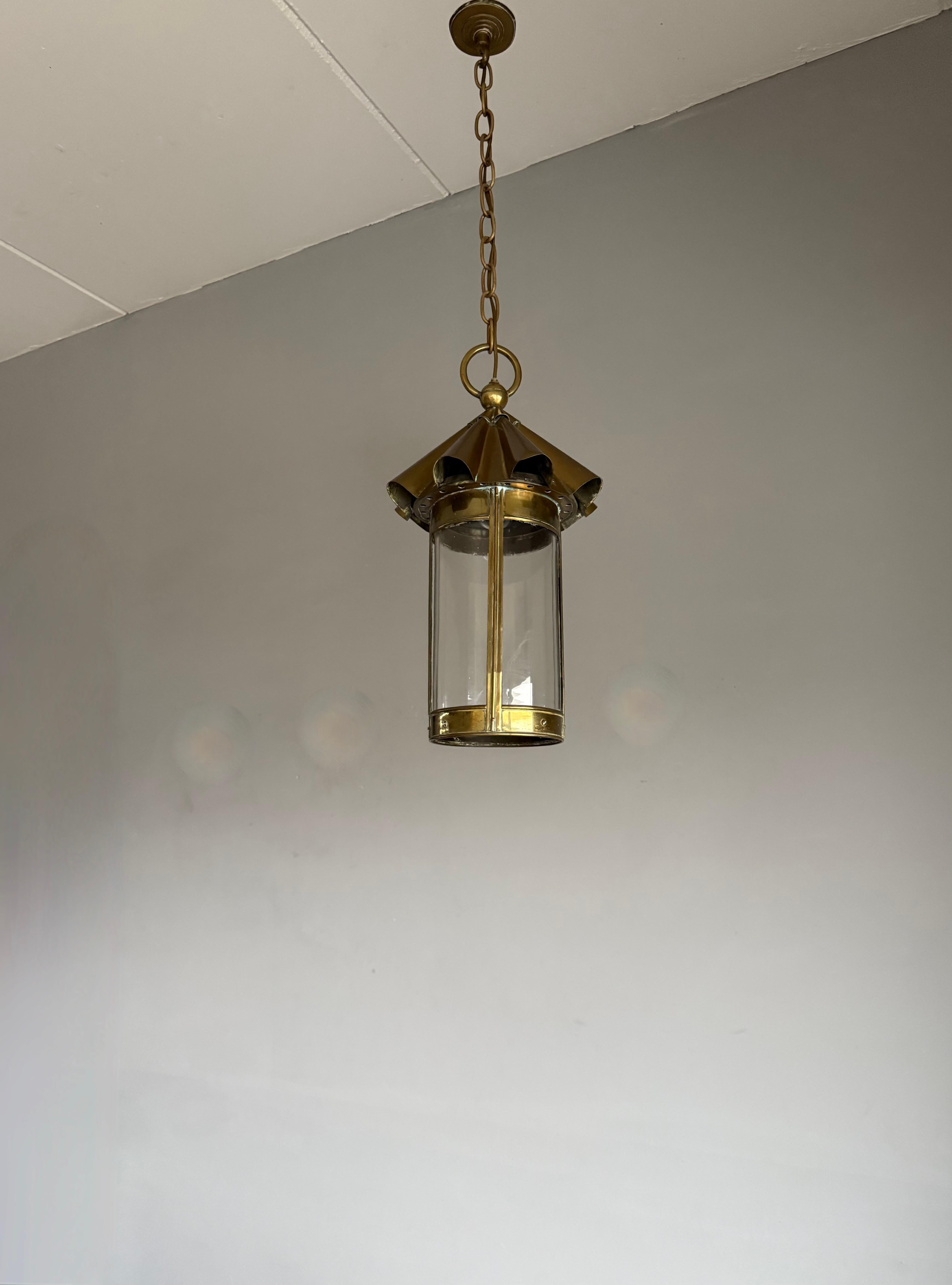 Stunning Arts & Crafts Brass & Cylindrical Glass Lantern / Pendant with Wavy Top For Sale 12