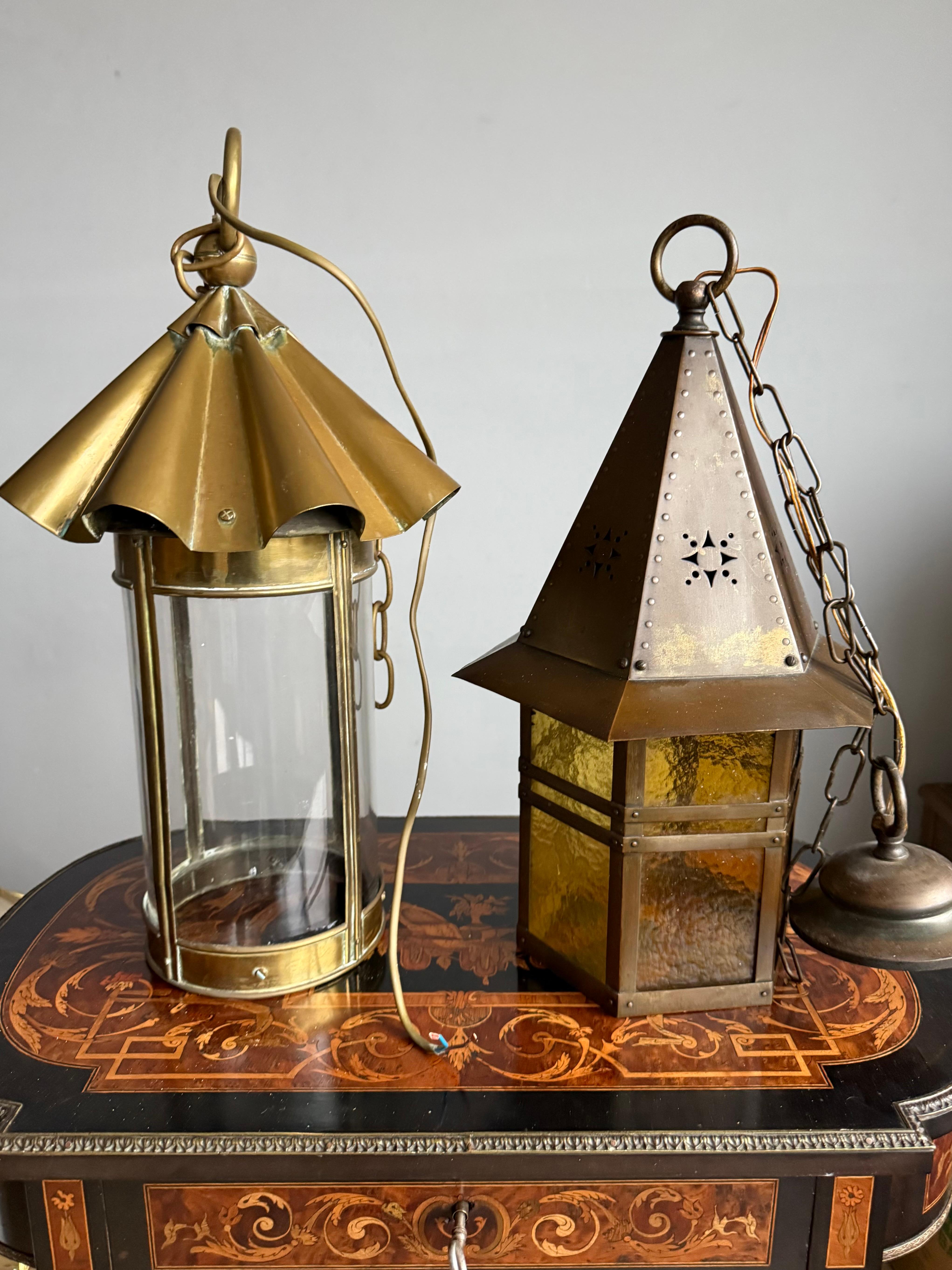 Stunning Arts & Crafts Brass & Cylindrical Glass Lantern / Pendant with Wavy Top For Sale 13