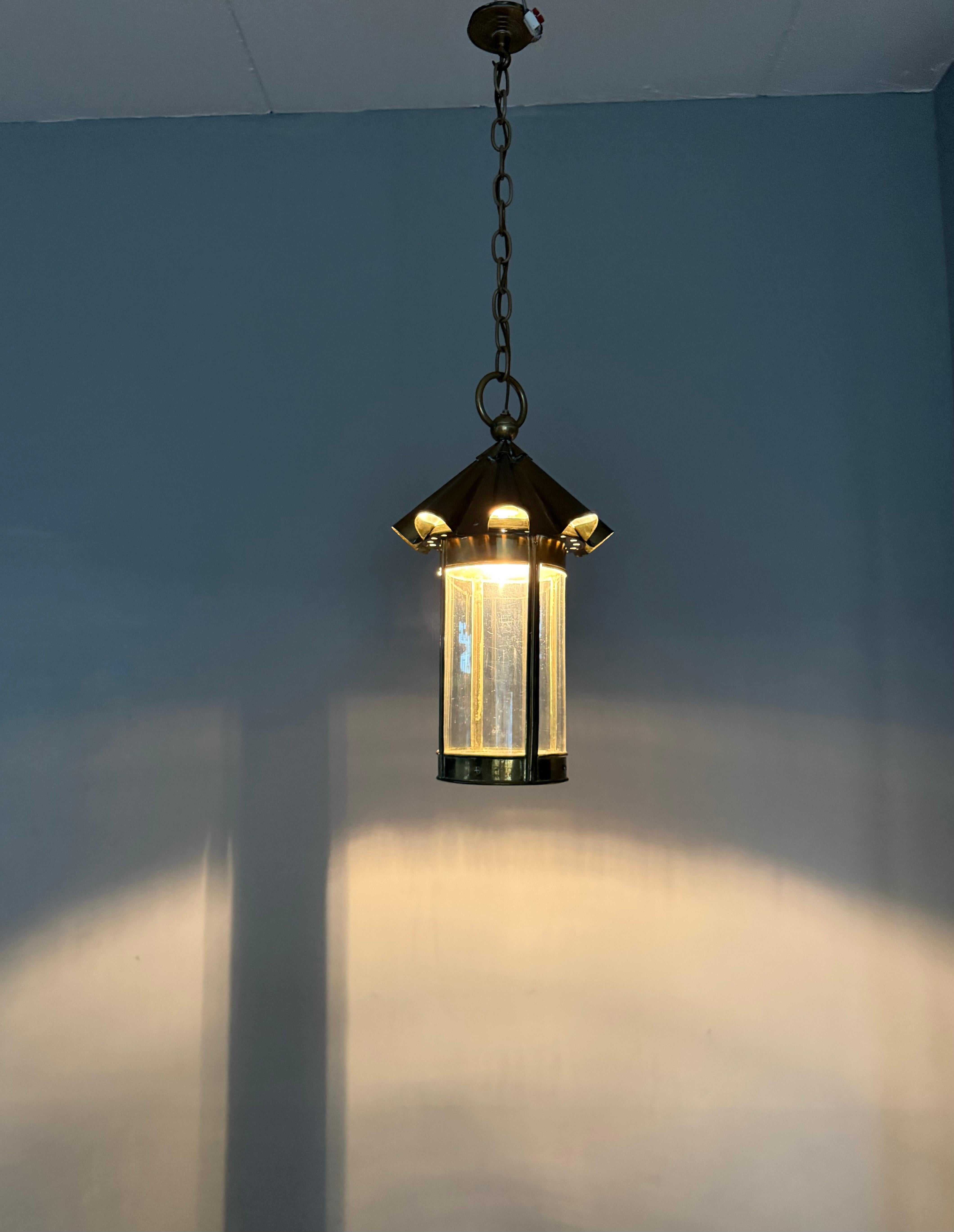 Arts and Crafts Stunning Arts & Crafts Brass & Cylindrical Glass Lantern / Pendant with Wavy Top For Sale
