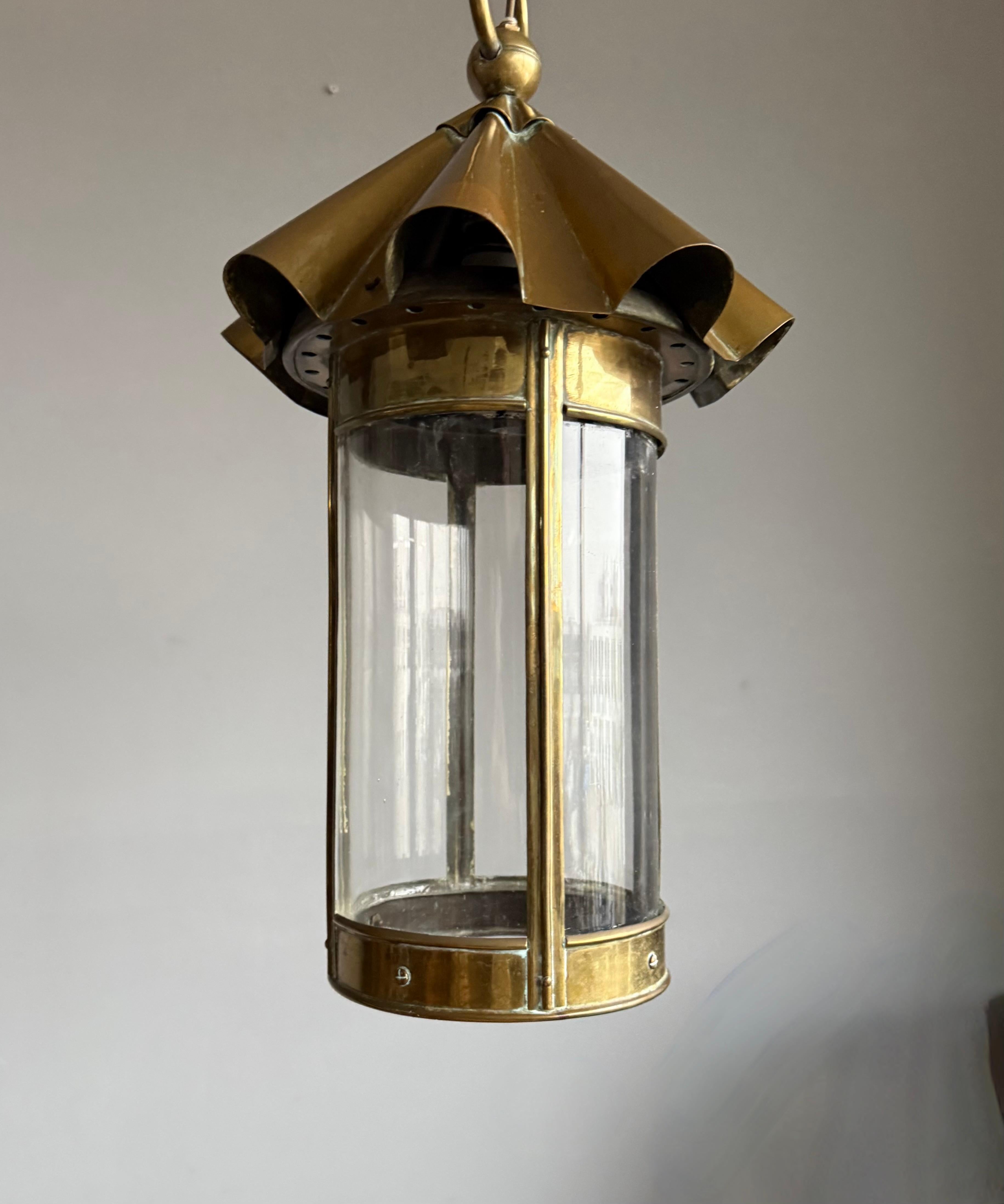 English Stunning Arts & Crafts Brass & Cylindrical Glass Lantern / Pendant with Wavy Top For Sale