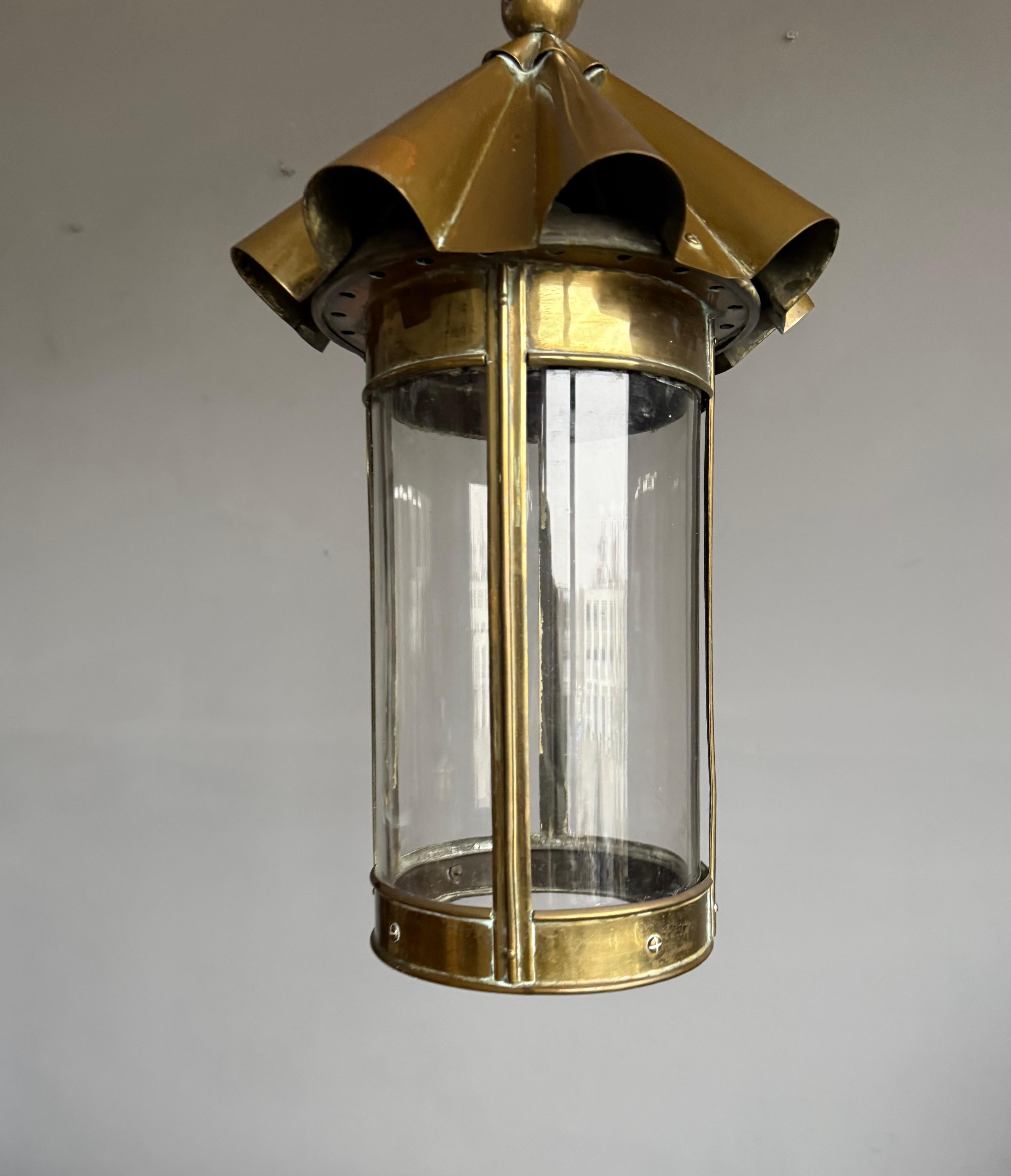 Cast Stunning Arts & Crafts Brass & Cylindrical Glass Lantern / Pendant with Wavy Top For Sale