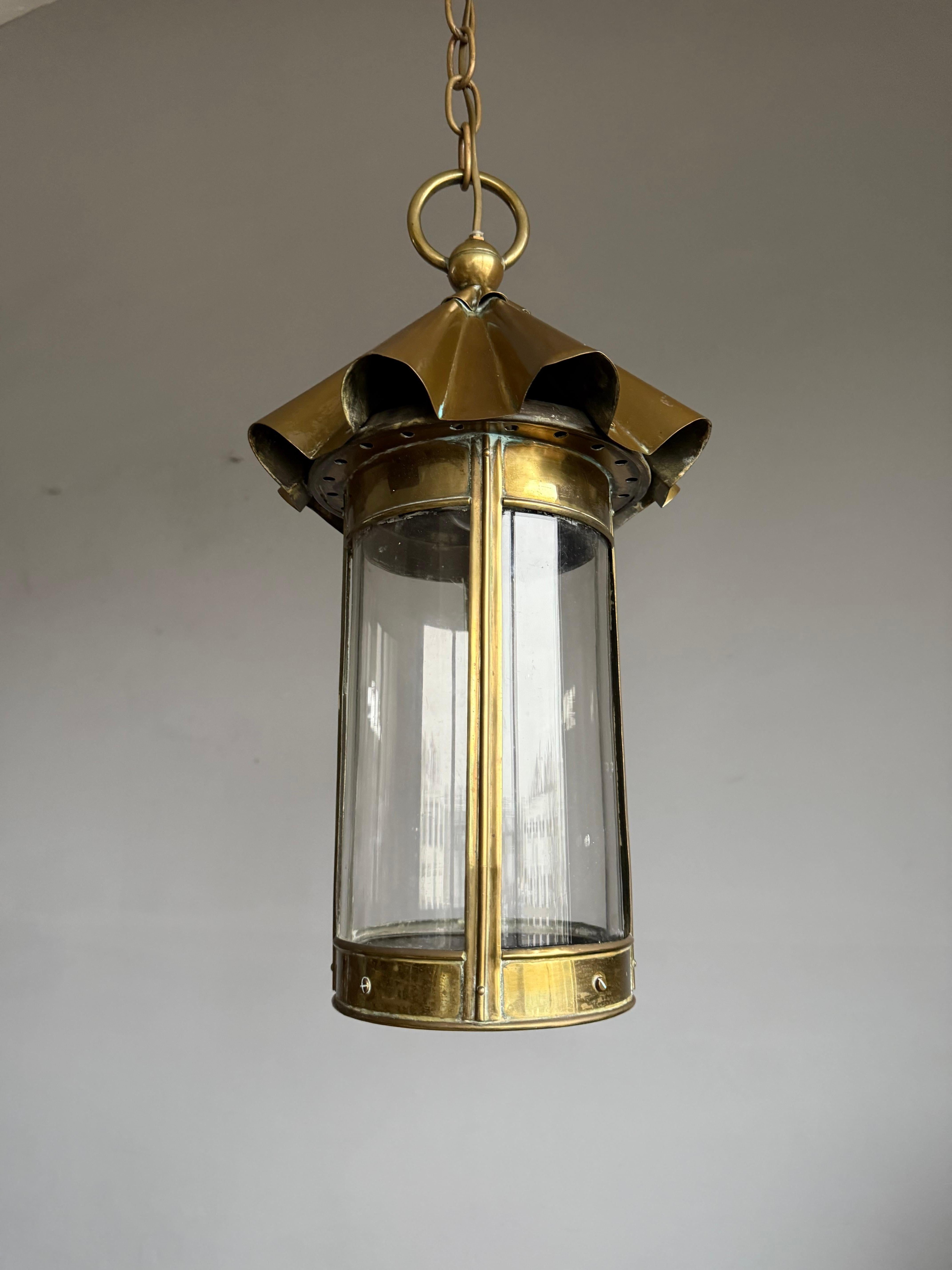 Stunning Arts & Crafts Brass & Cylindrical Glass Lantern / Pendant with Wavy Top For Sale 1