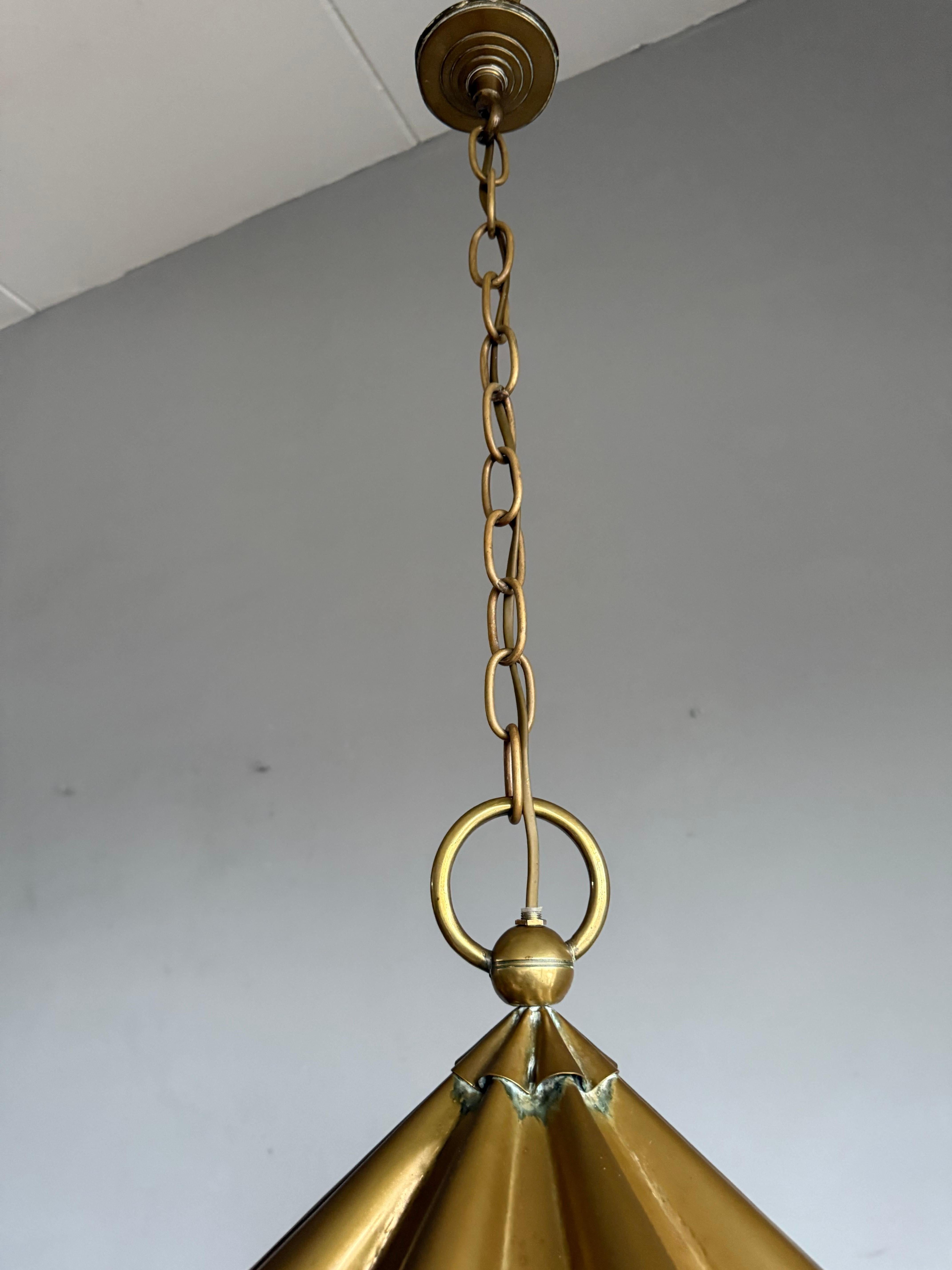 Stunning Arts & Crafts Brass & Cylindrical Glass Lantern / Pendant with Wavy Top For Sale 2
