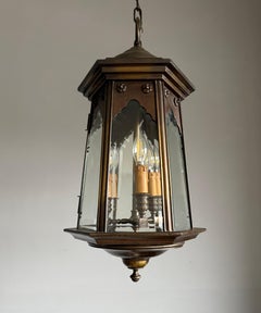 Stylish Arts & Crafts Bronze & Clear Glass Beveled Panels Lantern Pendant Light