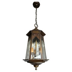 Antique Stylish Arts & Crafts Bronze & Clear Glass Beveled Panels Lantern Pendant Light