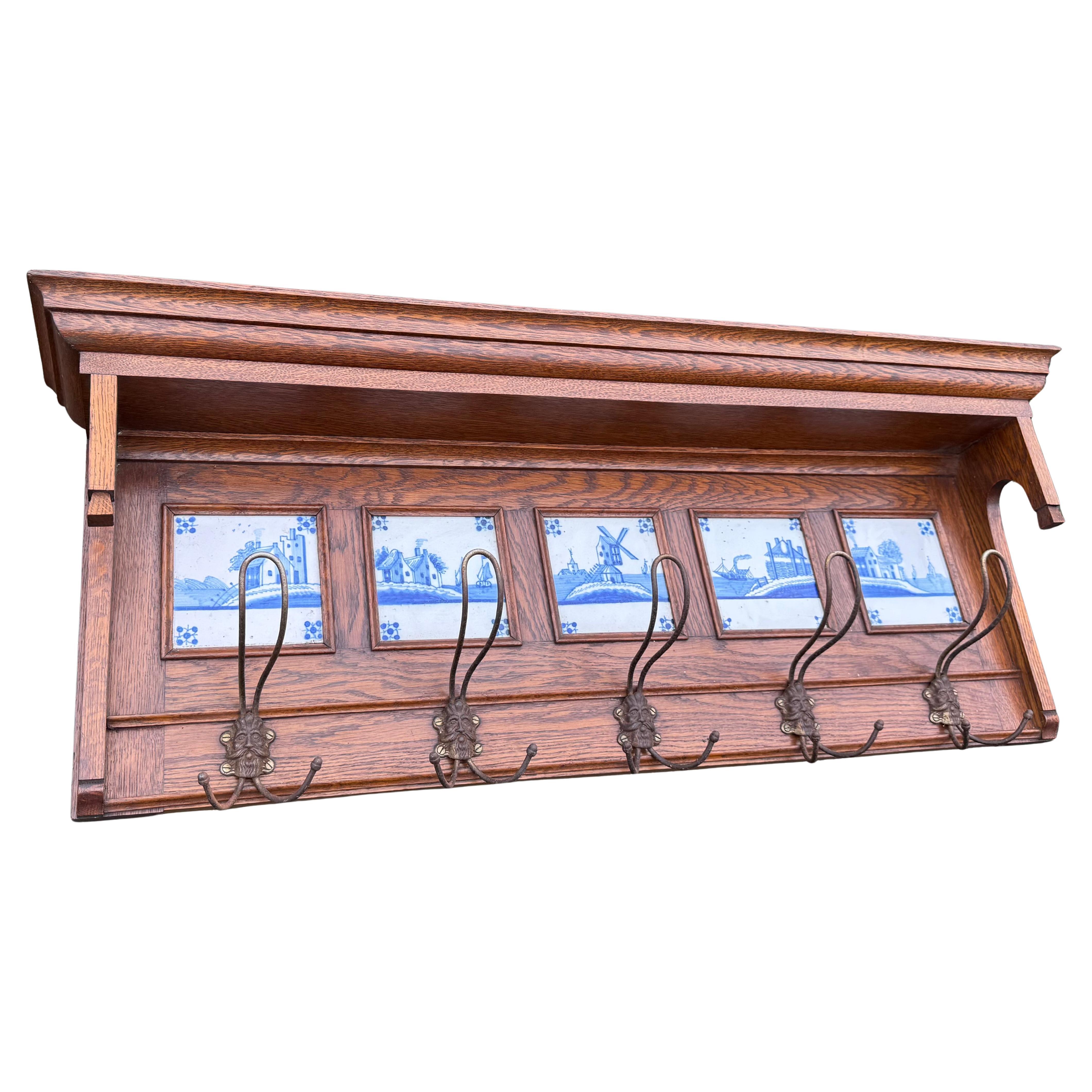 Stylish Arts & Crafts Oak Coat Rack w. Delft Blue Glazed Tiles and Figural Hooks
