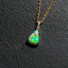 Stylish Australian Black Opal Diamond Tsavorite Pendant Necklace 14K Yellow Gold