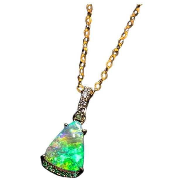 Stylish Australian Black Opal Diamond Tsavorite Pendant Necklace 14K Yellow Gold